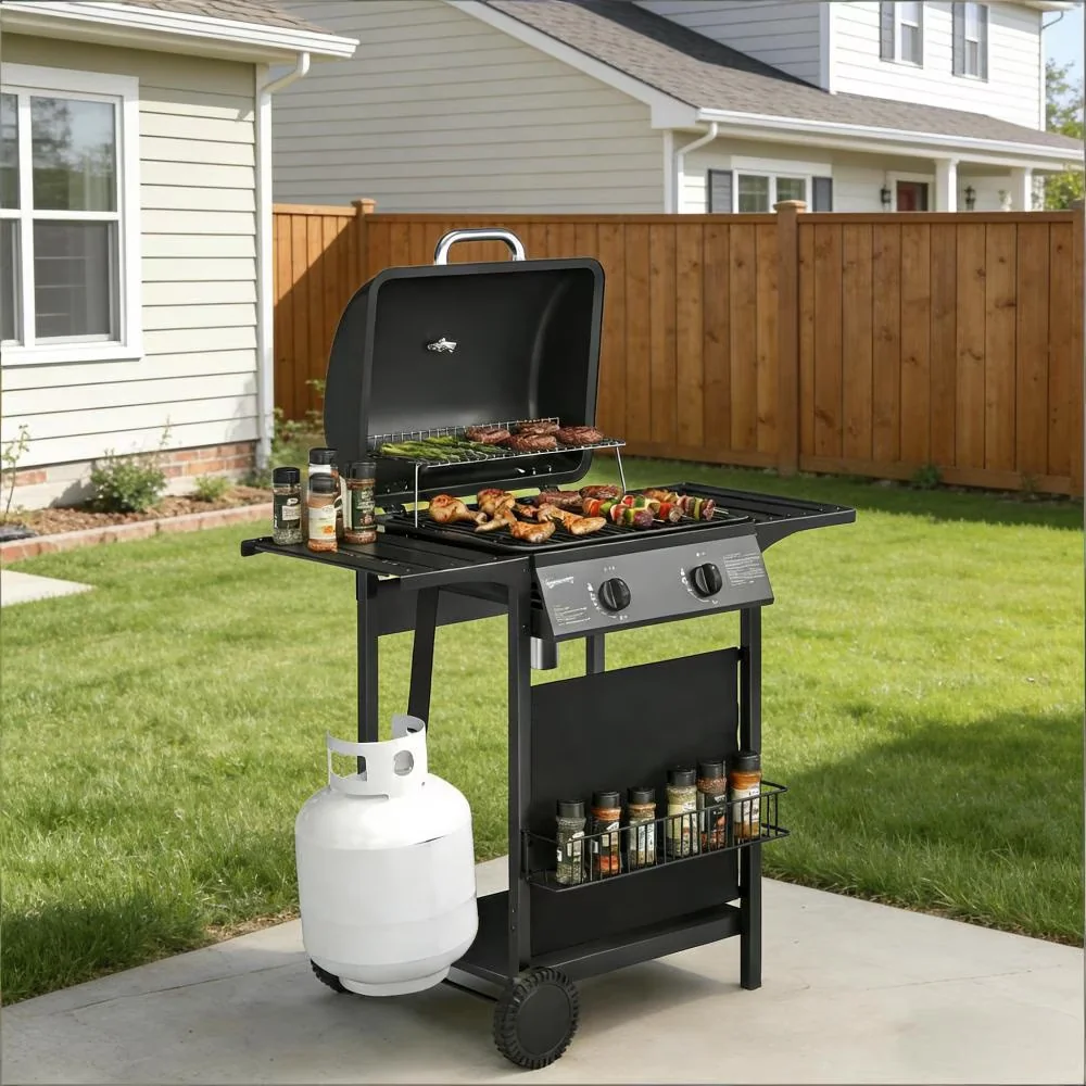 Gas Grill Sleek with 18000 BTU, Warming Rack, Portable - Black Metal,Oxford Fabric for Patio, Garden Model FBB015
