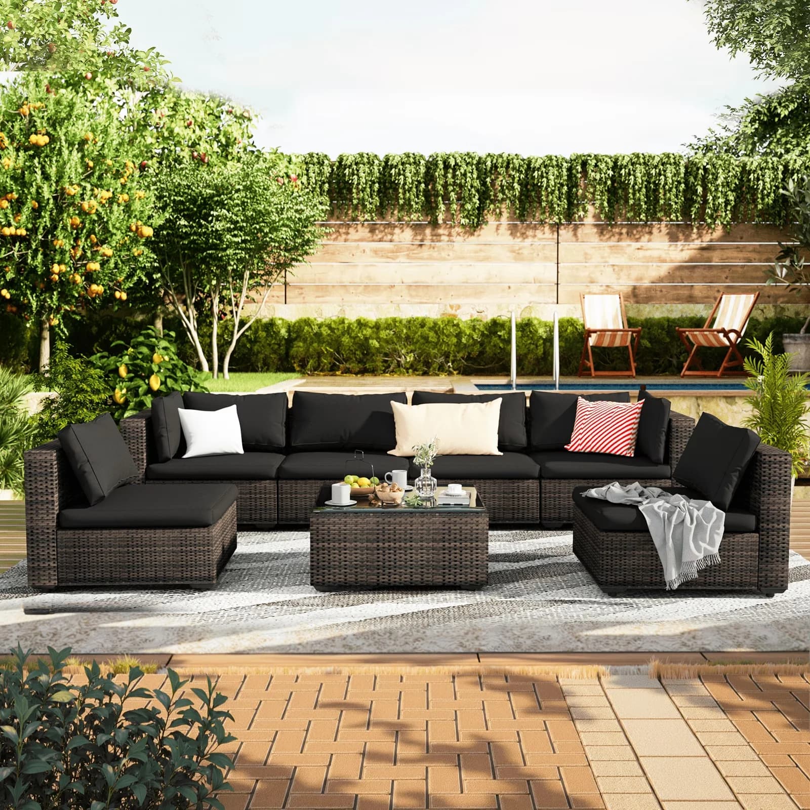 Outdoor Sofas Sectional Essential with Black - Black Wicker|Steel|Polyester, Polyester Model 38CE66