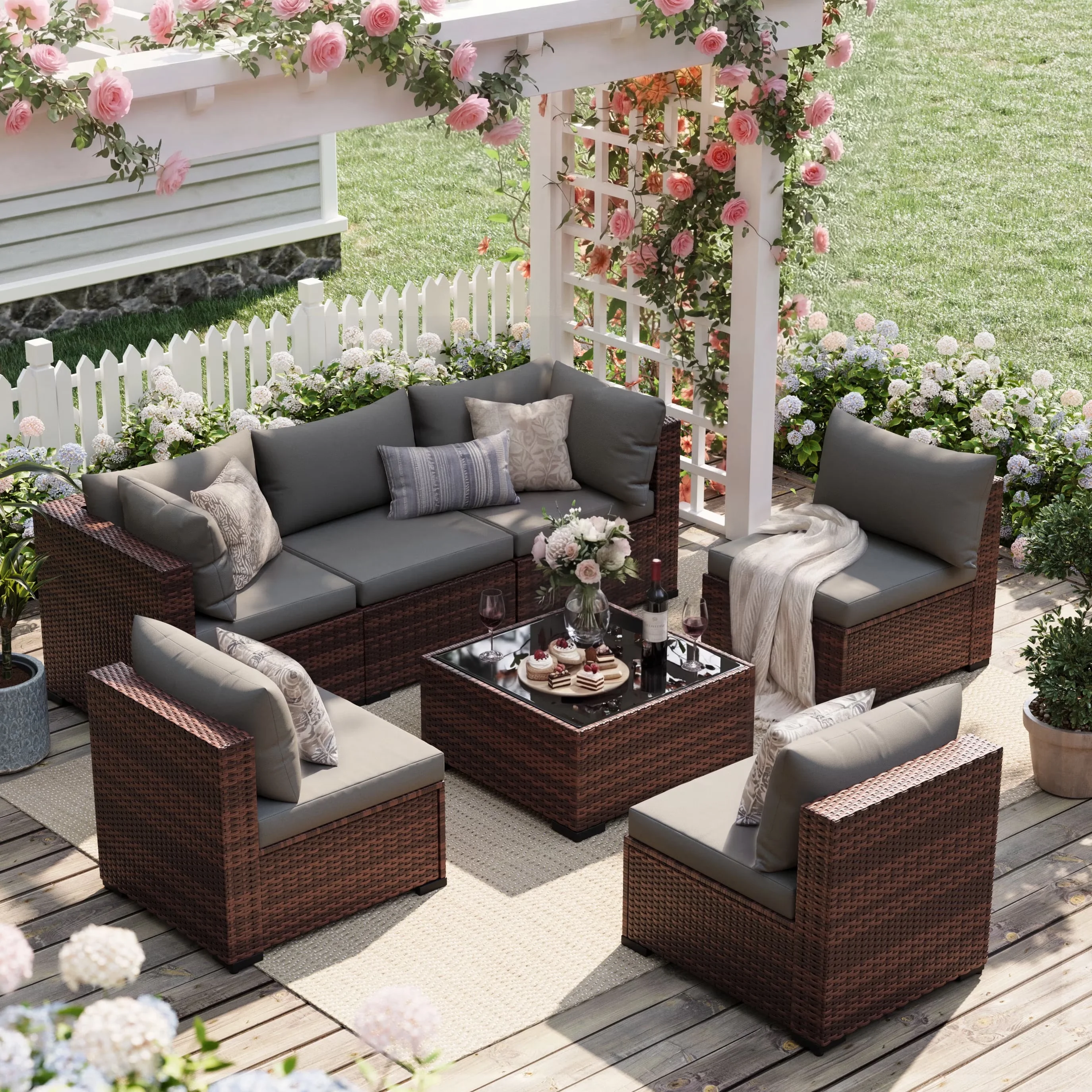 Patio Conversation Set Classic with 7-Piece Rattan Outdoor, Glass Coffee Table, Grey - Synthetic, Tempered Glass, Rattan, Steel,... Model 1FA0FC