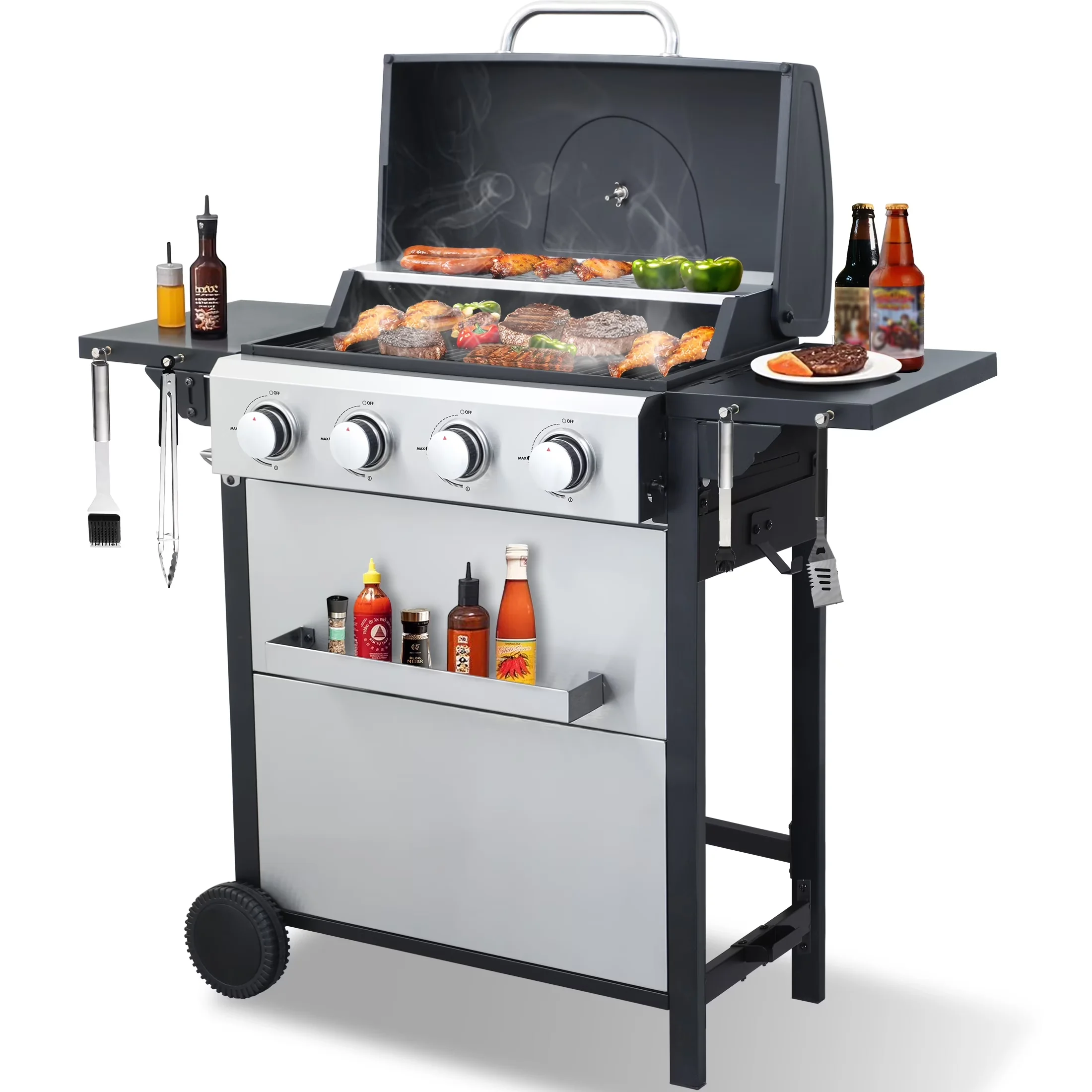 Quality Gas Grill with 34200 BTU, Warming Rack, Storage Rack - Stainless Steel Silver Model AEF92D