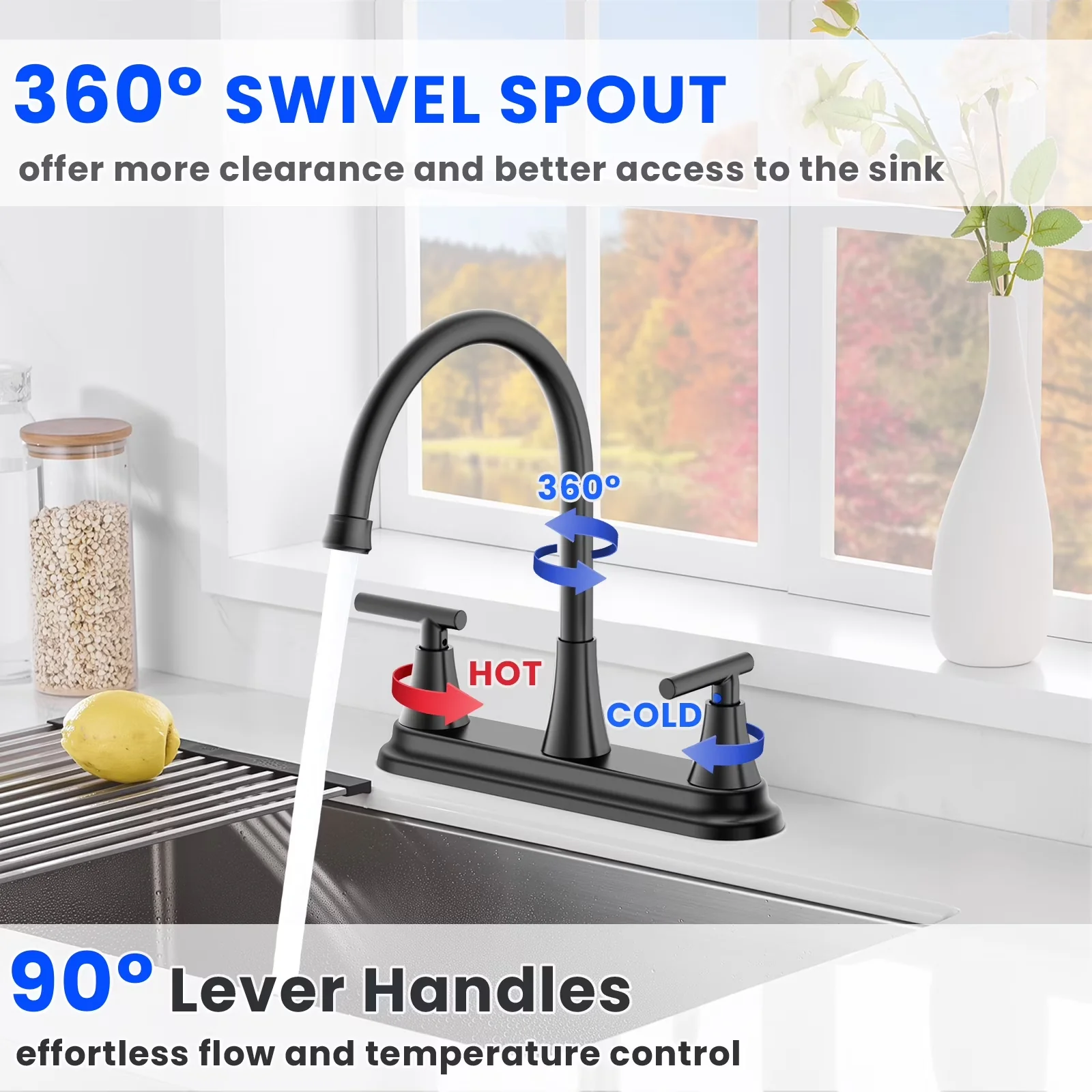 Reliable Plumbing with 360 Degree Swivel, Two Handles Kitchen Faucet, 3 Hole or 4 Holel Faucet - Stainless Steel for Kitchen Model BB5C52