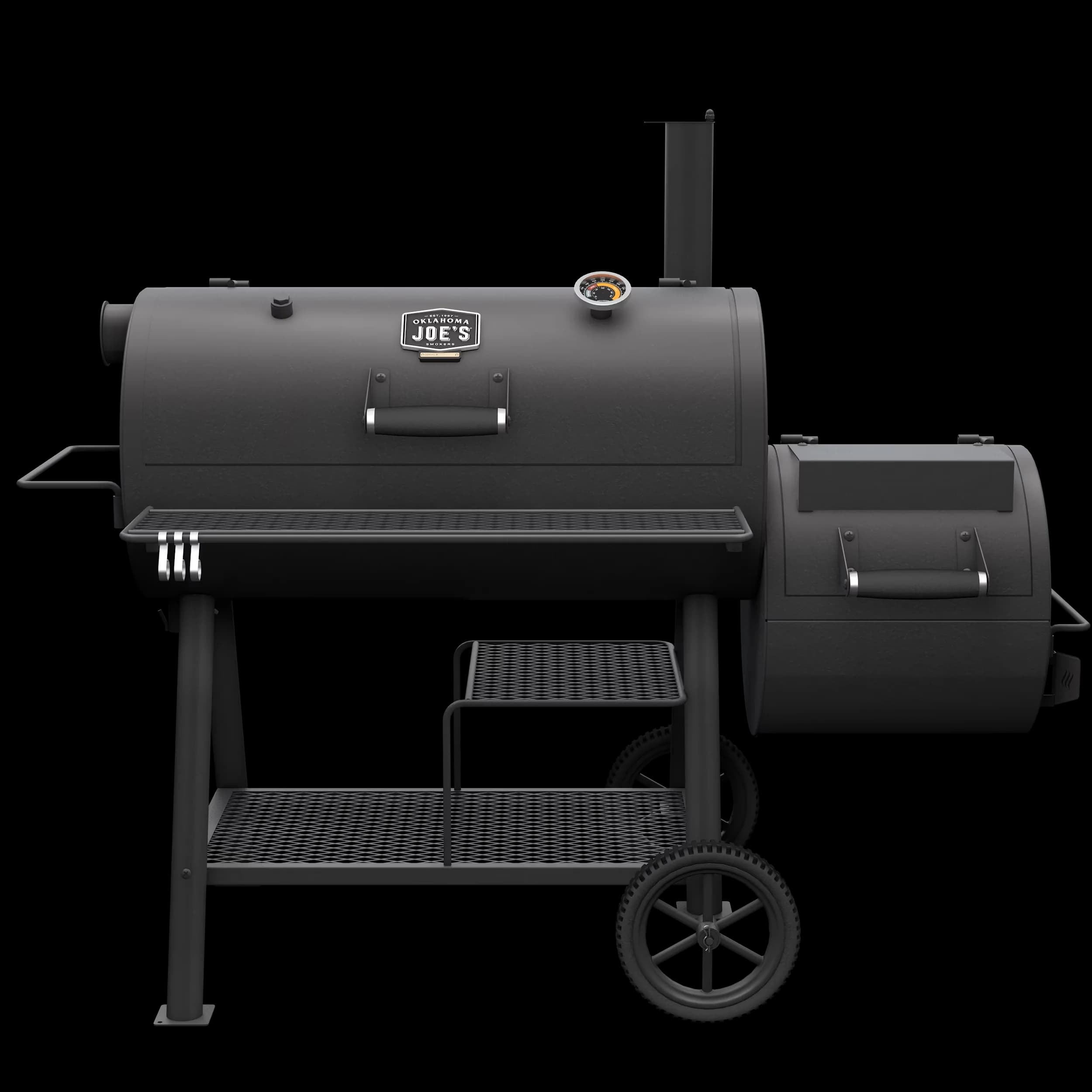 Stylish Smoker with Storage Rack, Offset Firebox, ® Highland Reverse Flow Offset - Heavy Duty Steel Model 0EA6D4