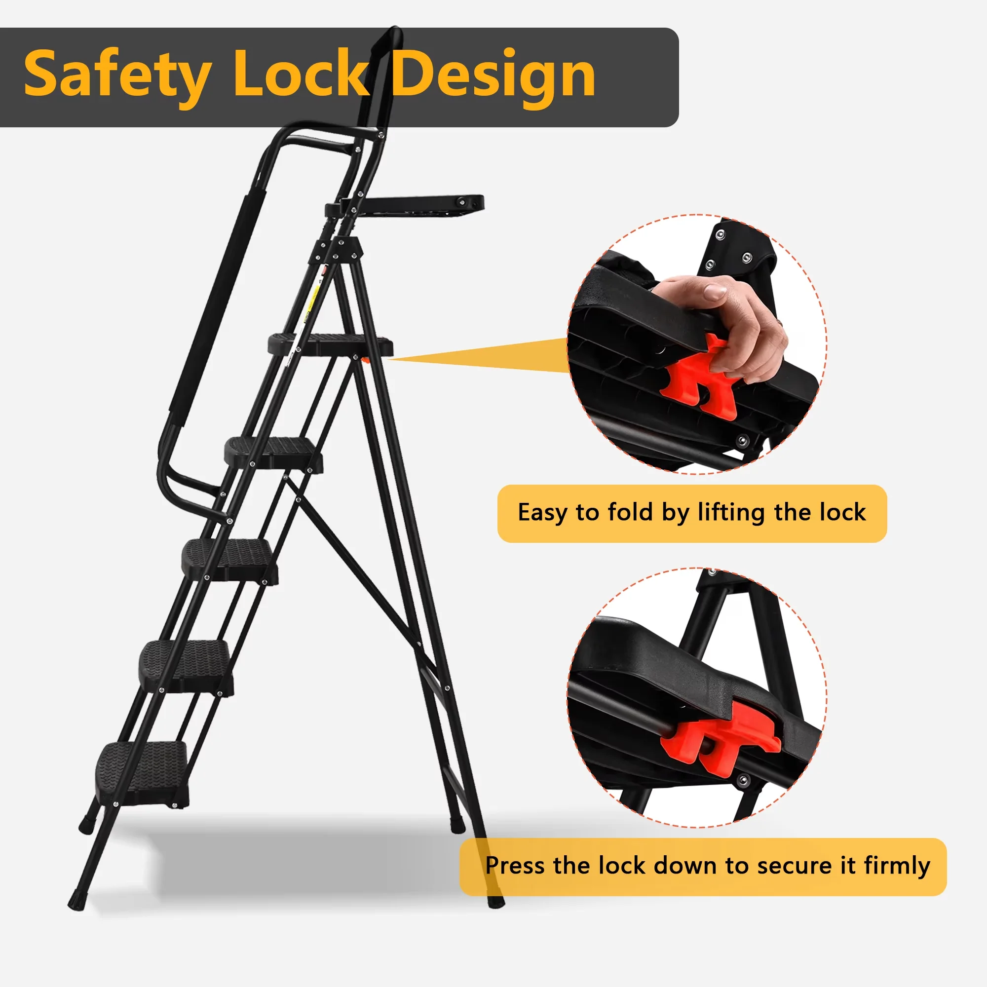 Premium Ladders And Step Stool with Lock-On Button, Safety Lock - Metal Black Model 7CEDB2