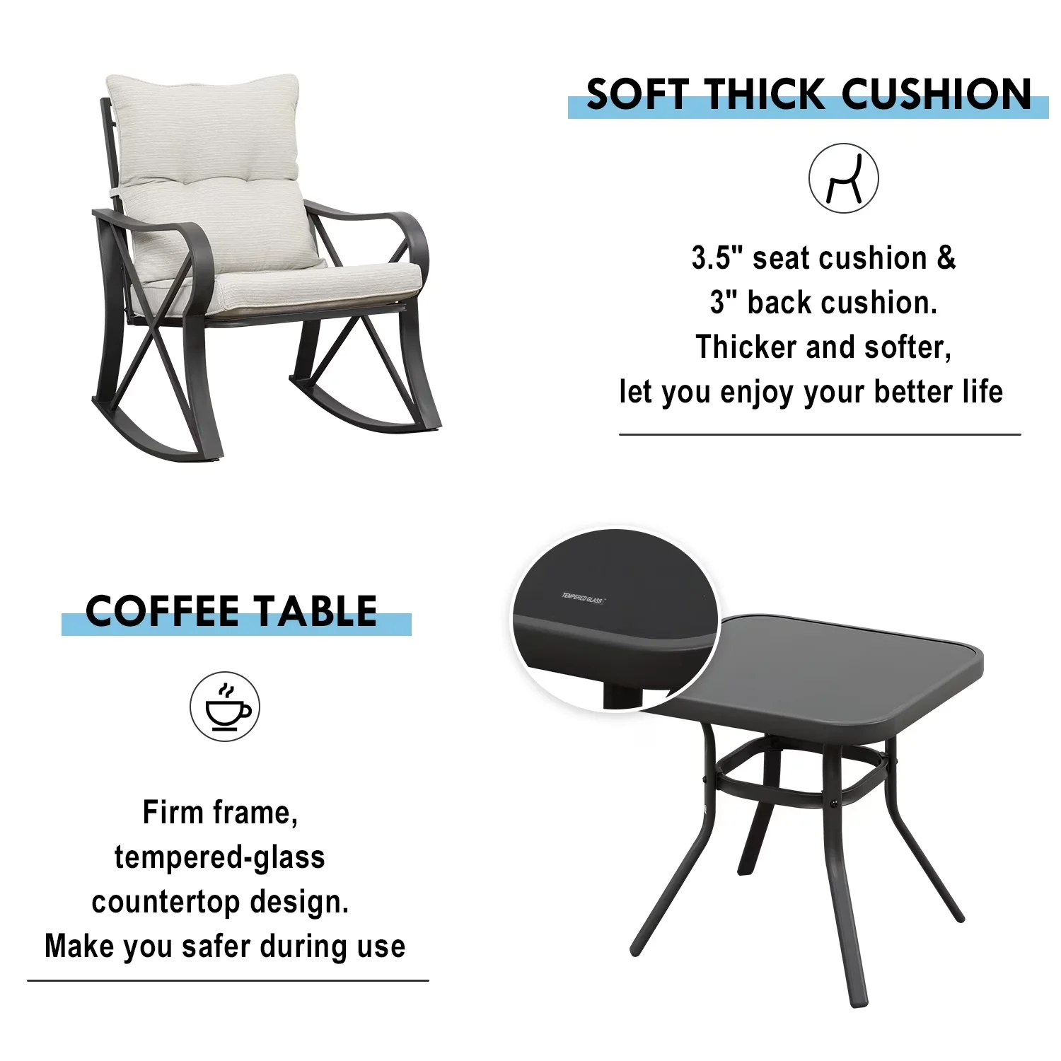 Patio Dining Set Innovative with Water-Resistant, Rust Resistant, Glass-Top Table - White Steel, Glass, Iron, Poly-Fiber Fabric Model E2A99D