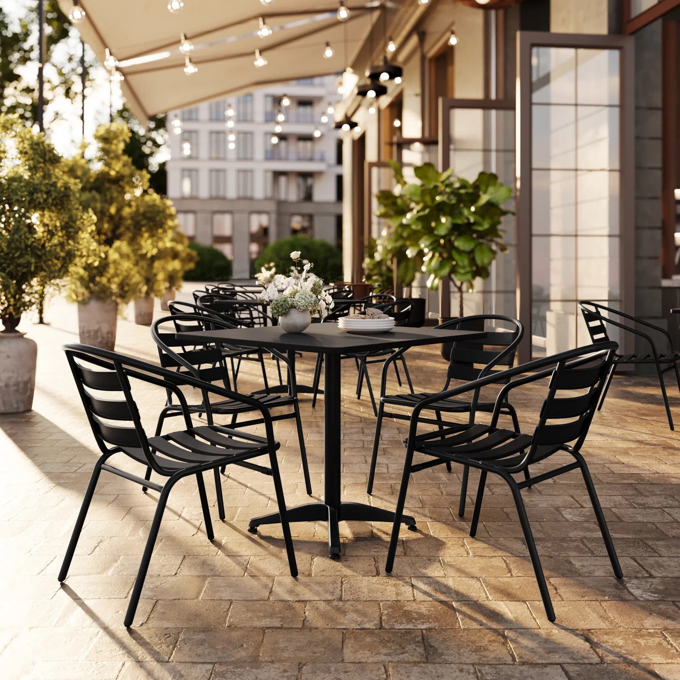 Compact Patio Dining Set with Storage, Contemporary - Black Aluminum, Stainless Steel Model F7D771