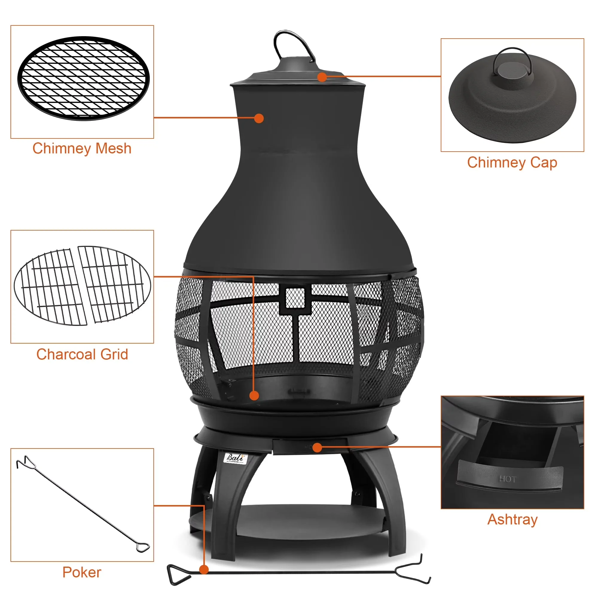 Professional Outdoor Heating with Portable, Fire Pit Wood Burning Chiminea - Black Metal for Patio Model 50CA4D