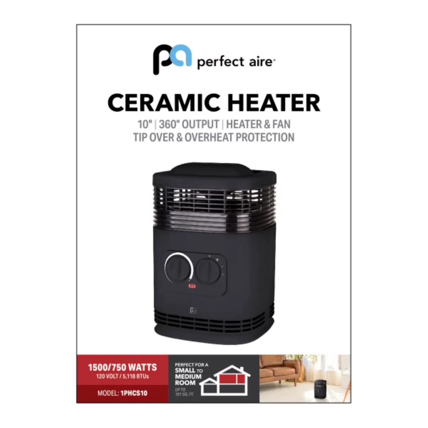 Quality Portable And Electric Space Heater with Adjustable, 128 sq ft Ceramic, Tip-over protection switch - Black Model B48673
