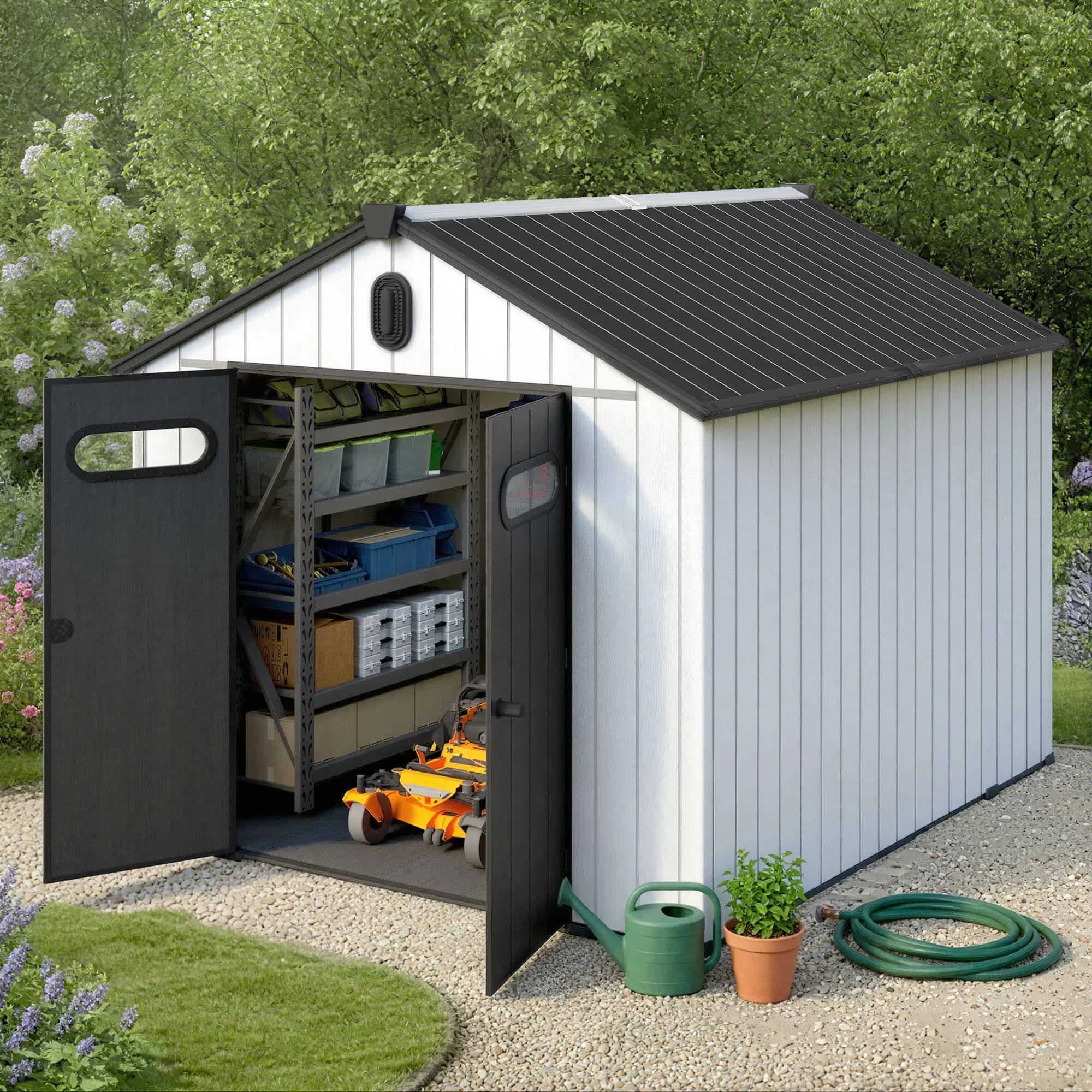 Classic Shed with Skylights, and Lockable Door, 8x10ft Weather-Resistant Resin - White Resin Model A52337