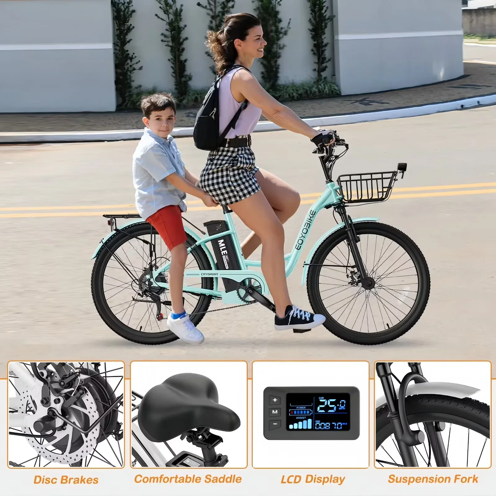 Modern Electric Bike with Battery, 36V, Multi-Speed - Cyan - Sleek Profile Model 201BE2