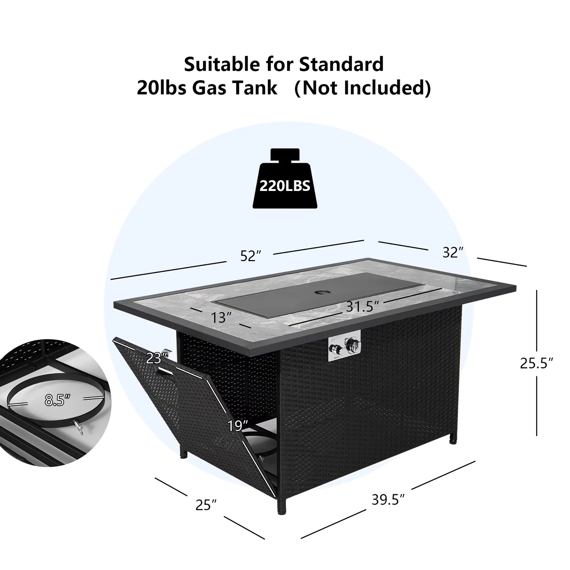 Modern Outdoor Heating with Adjustable Flame - Black Steel, Pe Rattan, Marble Model CCDA1B