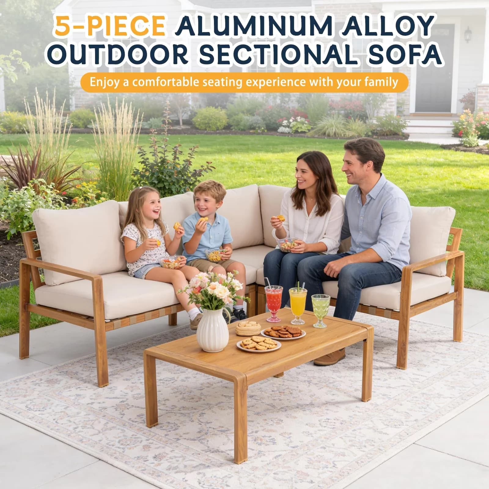 Compact Outdoor Sofas Sectional with 4-Piece L-Shaped Patio Furniture Set, All-Aluminum Corner Sofa, Wood Grain Finish - Aluminum,... Model 99BEBF