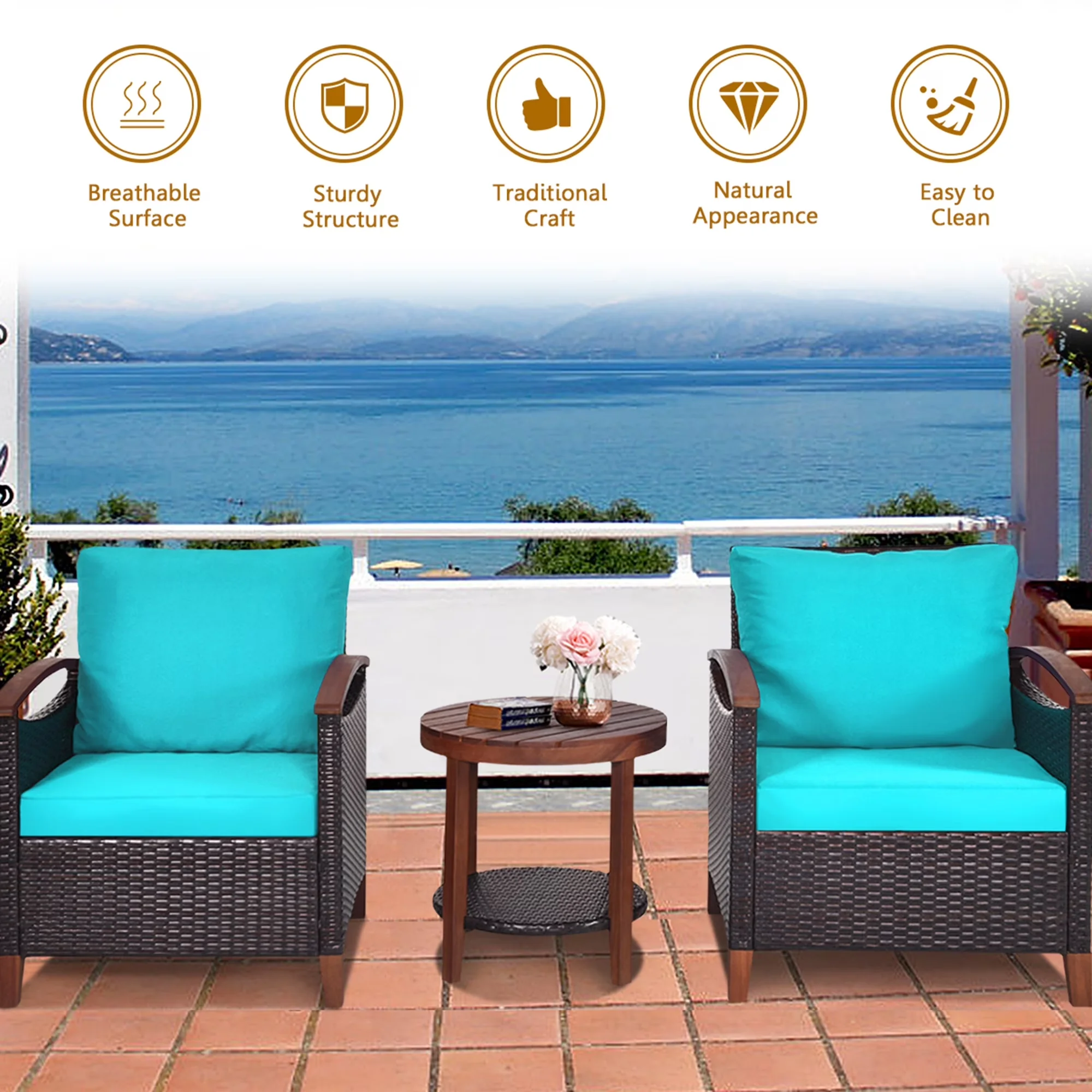 Professional Patio Conversation Set with Weatherproof, Storage, Collapsible - Rattan Turquoise Model 8A1994