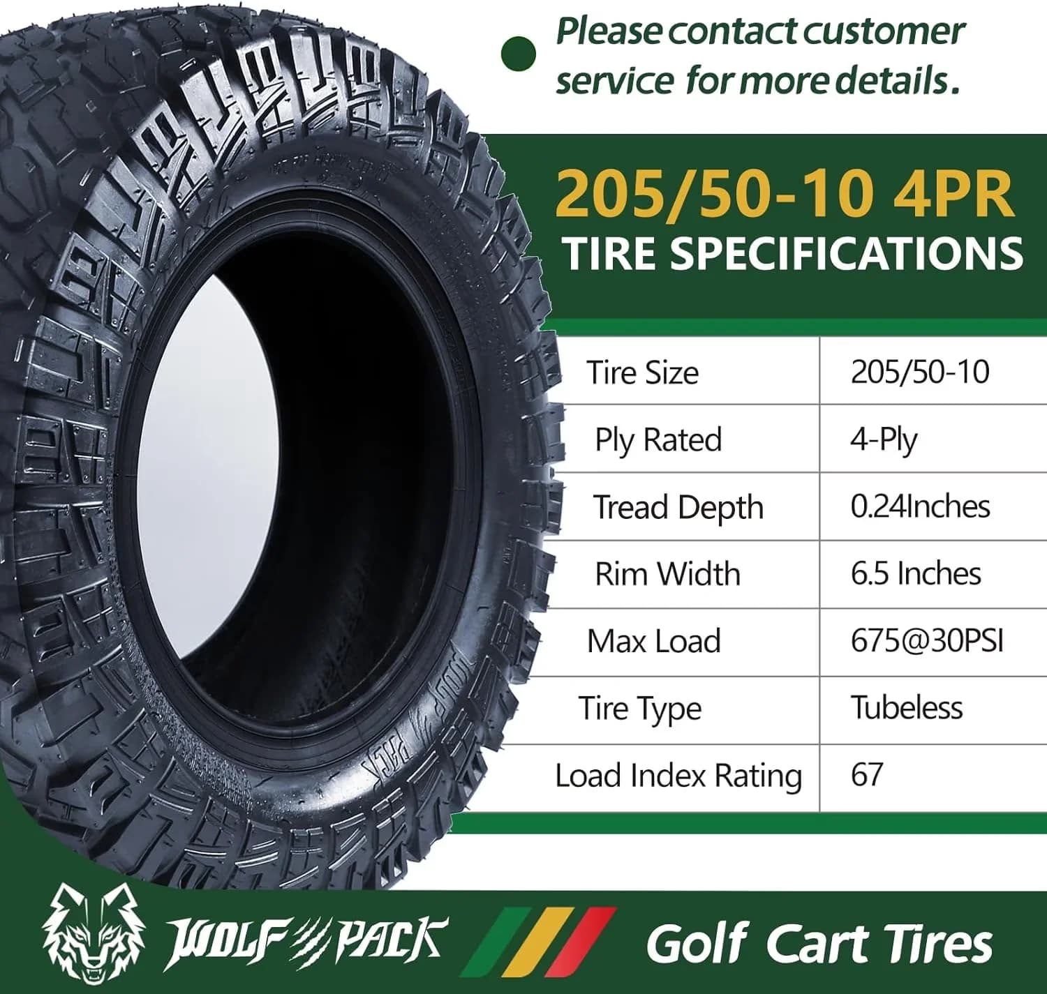 Golf Cart Tire Reliable with Tires 205/50-10 All Terrain Tubeless, Load Index: 67 - Model C39C77