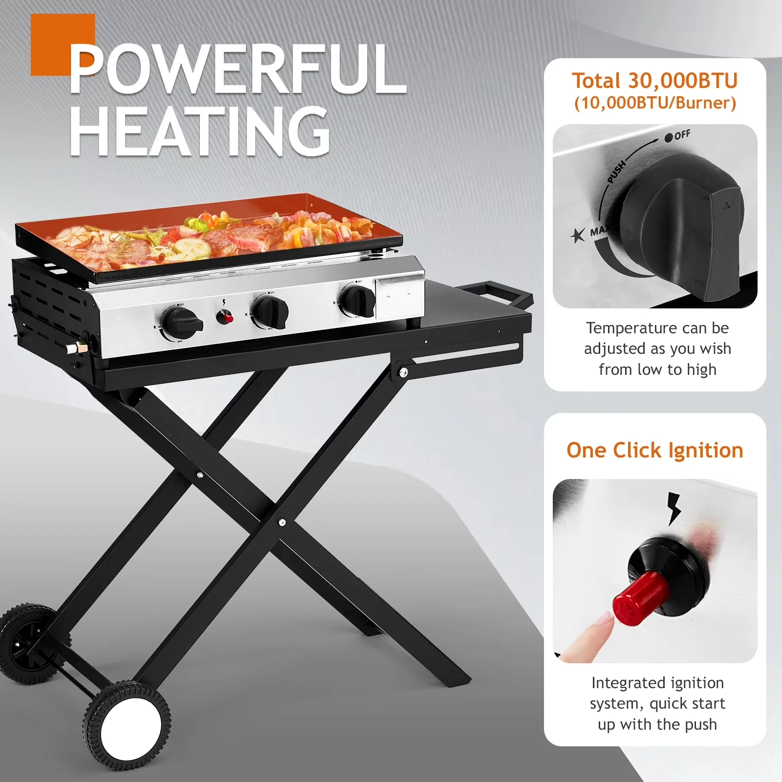 Premium Gas Grill with 30000 BTU, Storage Rack, Ceramic Coated Cast Iron Pan - Enamel Black Model 5C558C