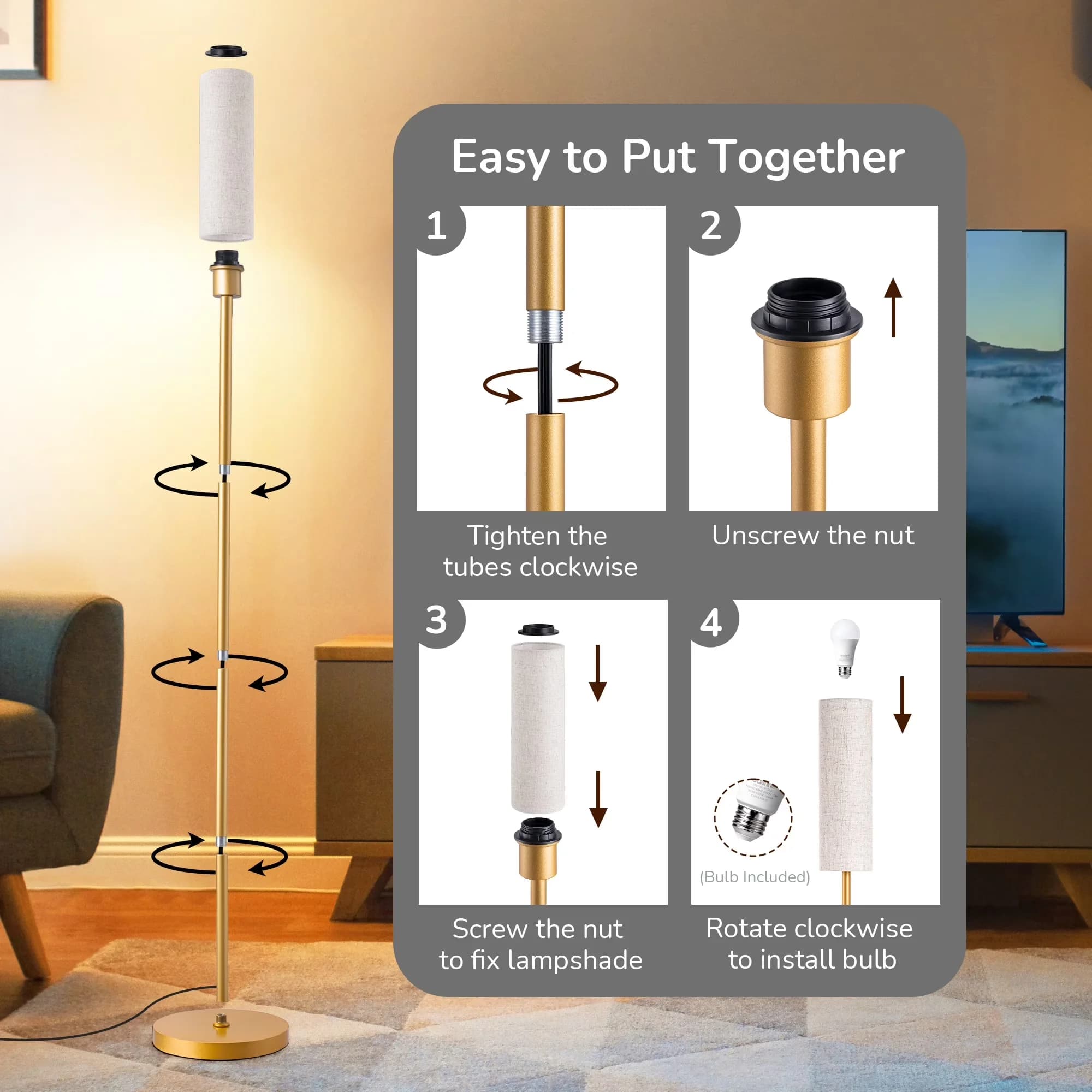 Versatile Floor Lamp with LED, Dimmable, 65in Gold Lamps - Gold Metal for Living Room Model 5700F9