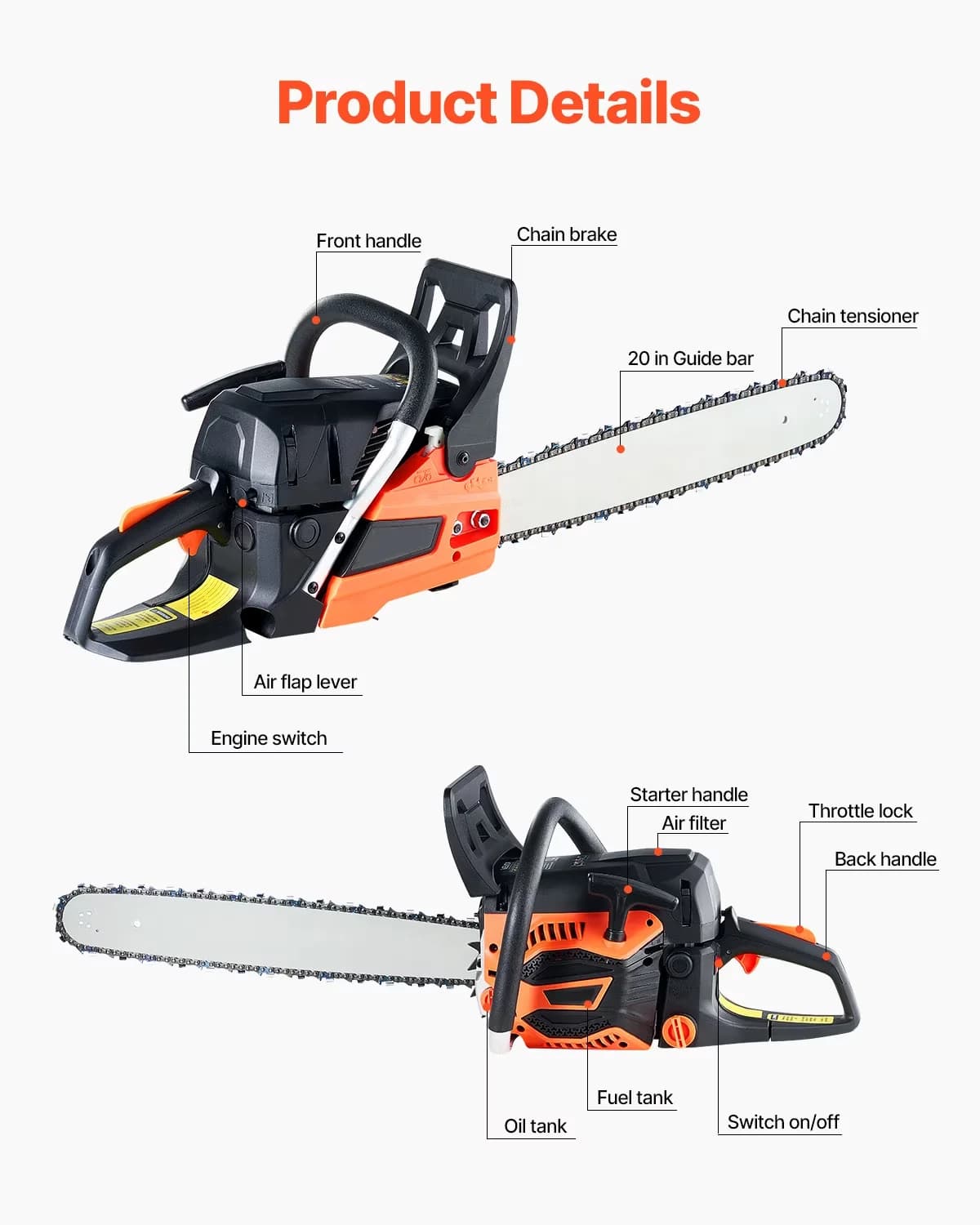 Essential Chainsaw with Anti-Vibration, 20in Bar, 58cc Gas - Black 2HP Model 8BC057