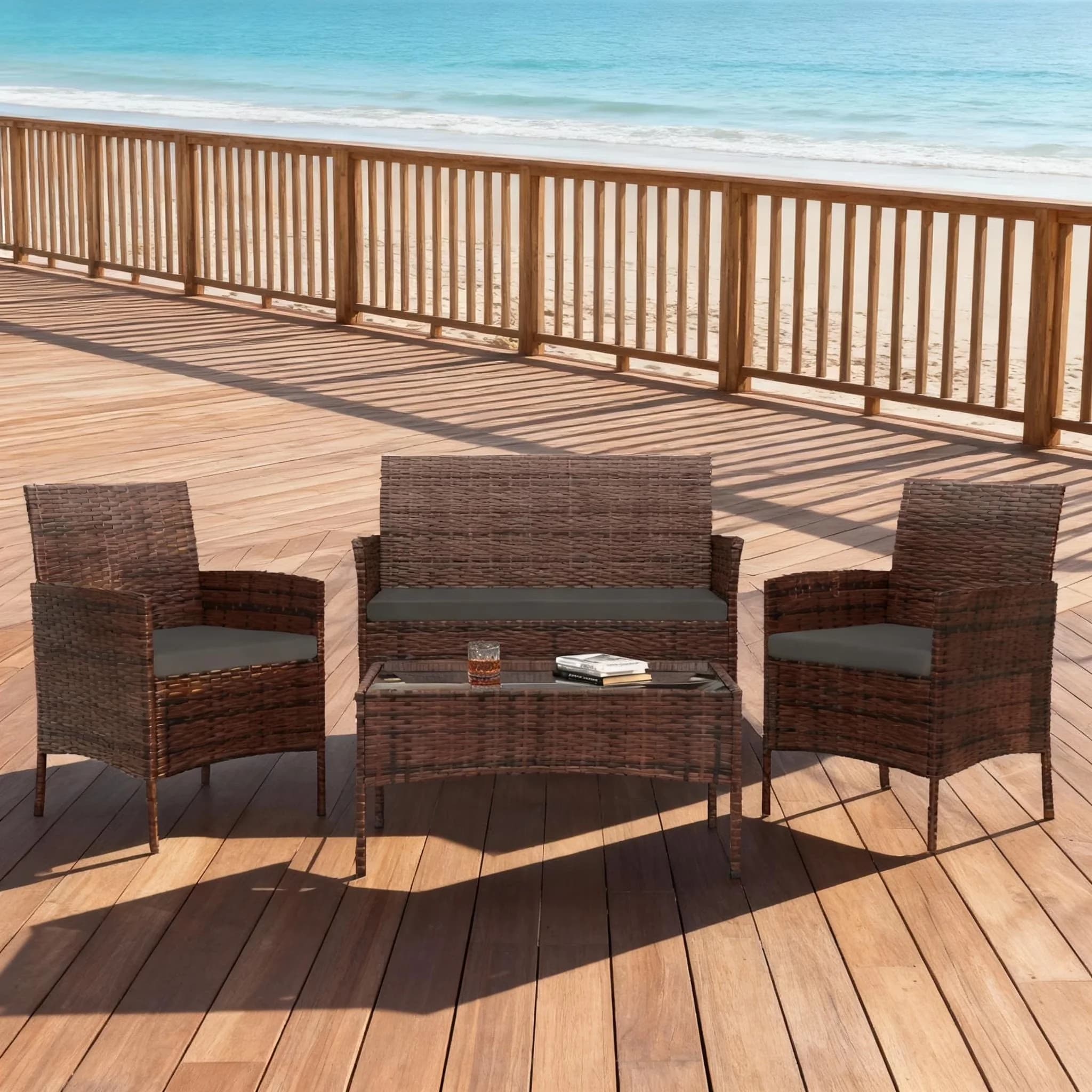 Patio Conversation Set Sleek with Weatherproof, 4 Pieces Furniture, Brown/Gray - Metal, Rattan Brown Model C0F992