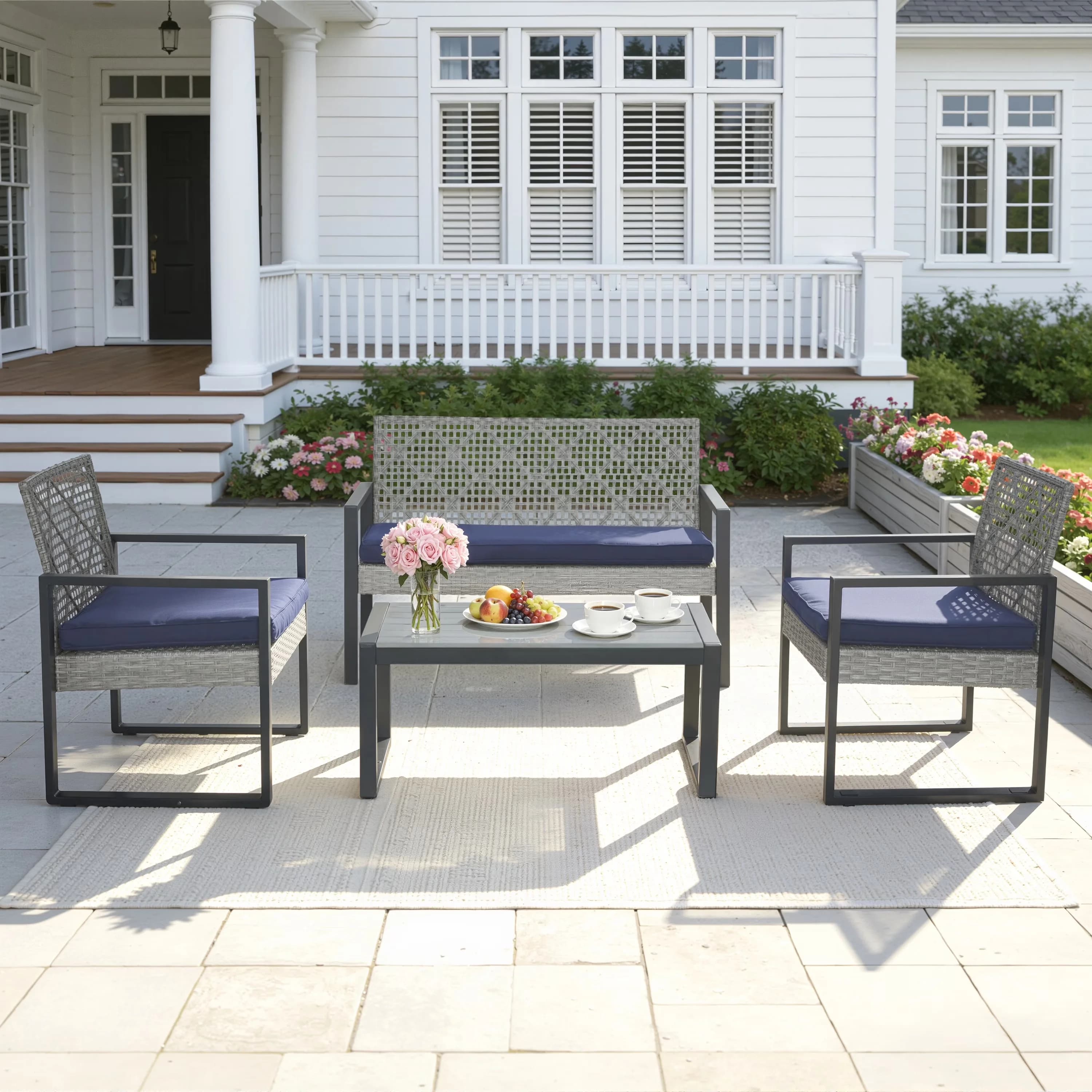 Quality Patio Conversation Set with Weatherproof, Portable - Pe Rattan, Steel, Wood, Polyester, Foam Light Gray Model 421646