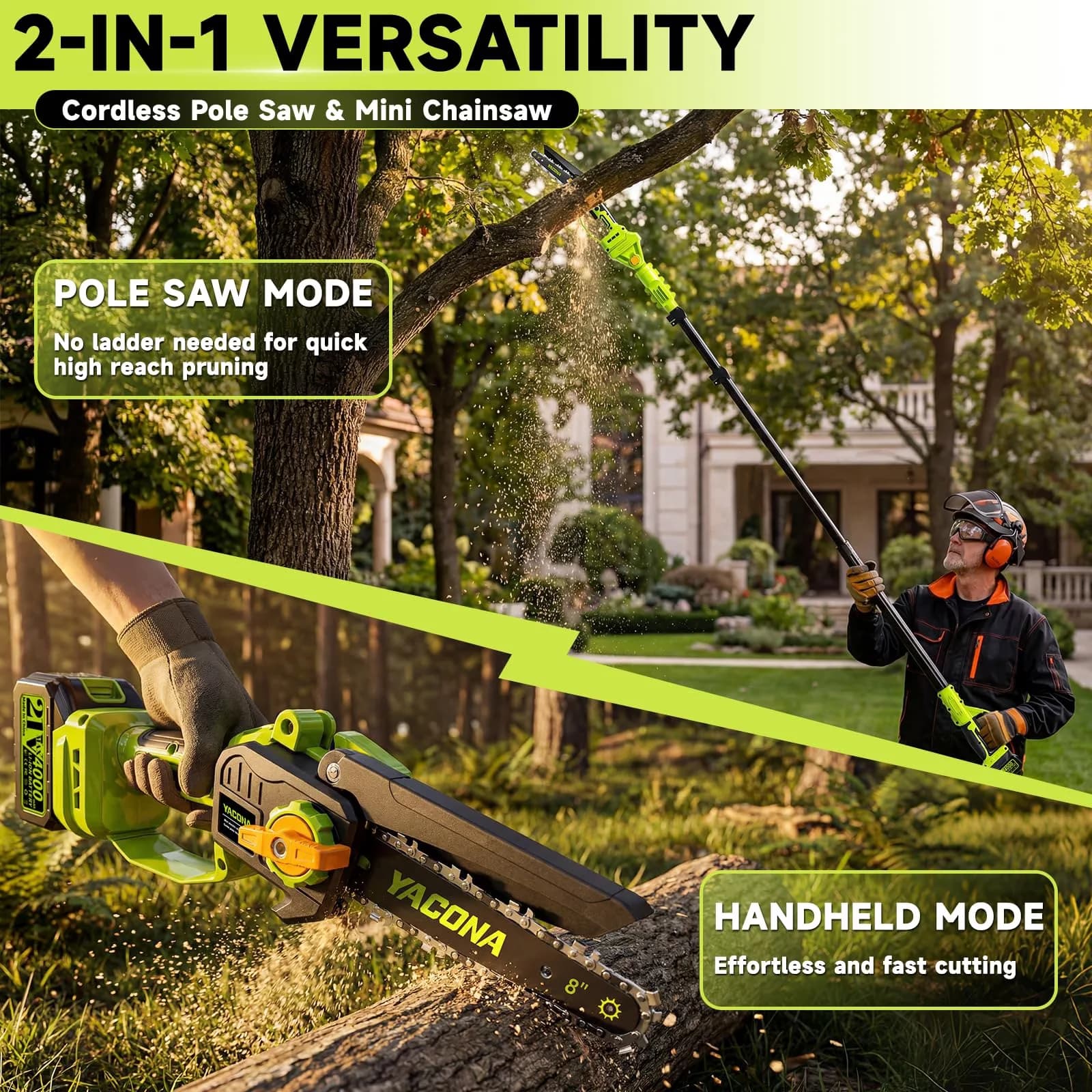 Innovative Pole Saw with Battery, 21V, Telescoping - Green - Contemporary Style Model 8B218B