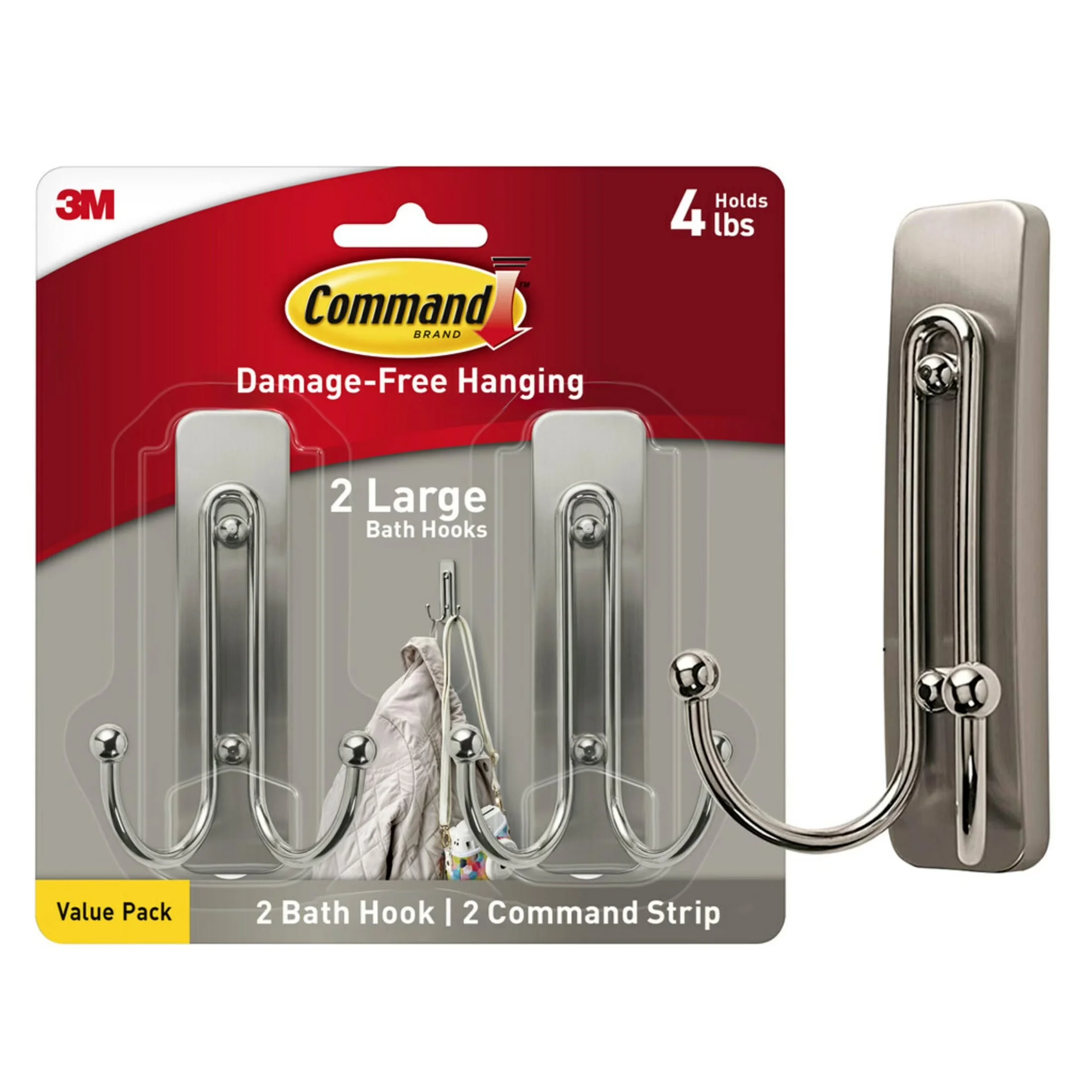 Sleek Damage-Free Hanging with Reusable, 2 Hooks - Brushed Nickel Silver Model 5E9C7B