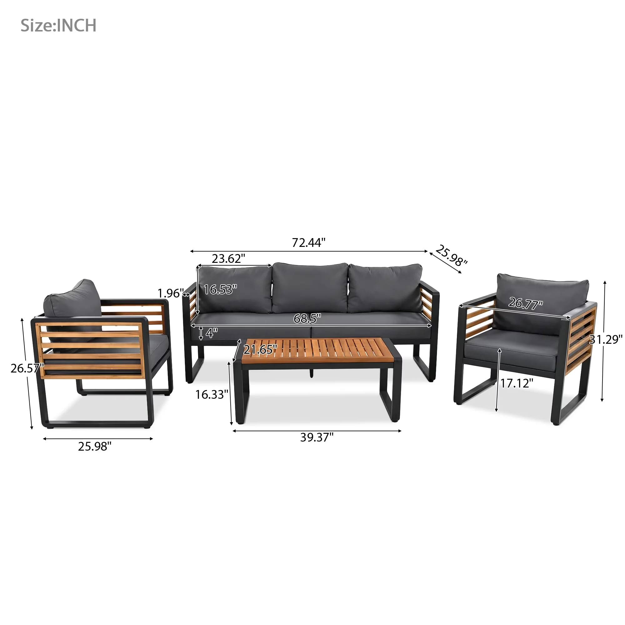 Professional Patio Conversation Set with Metal & Wood Frame, Removable Cushions & Adjustable Feet, Acacia Wood Tabletop - Gray Metal... Model 48E405