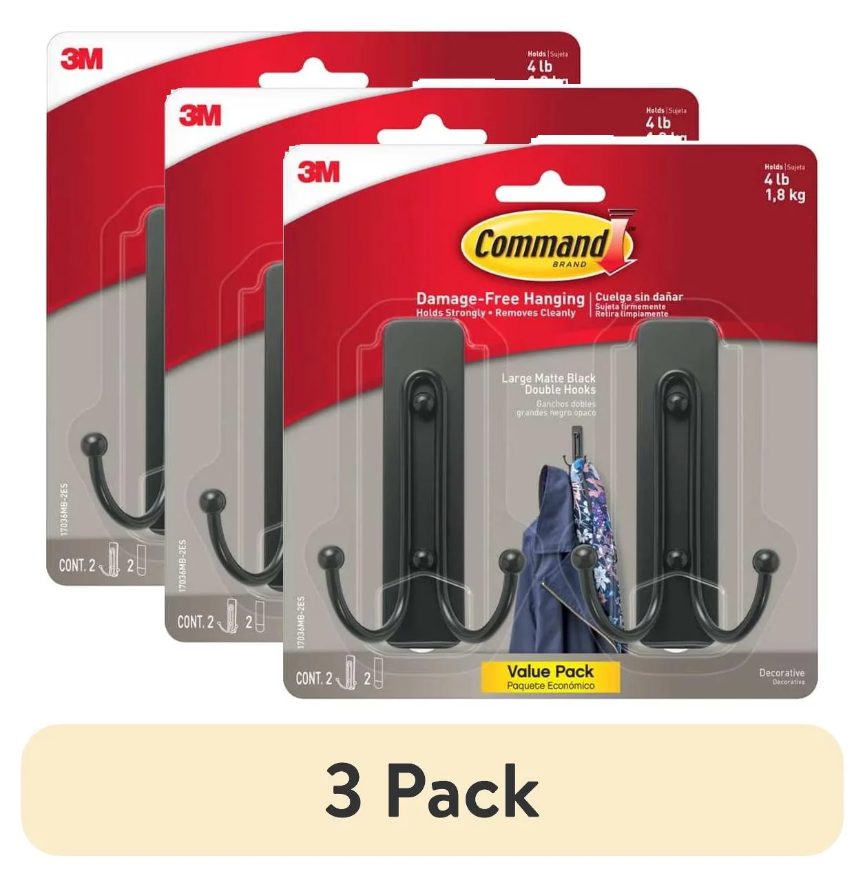 Premium Damage-Free Hanging with Easy Clean, Damage Free Decorating, 2 Hooks - Metal Black Model 08A9C3