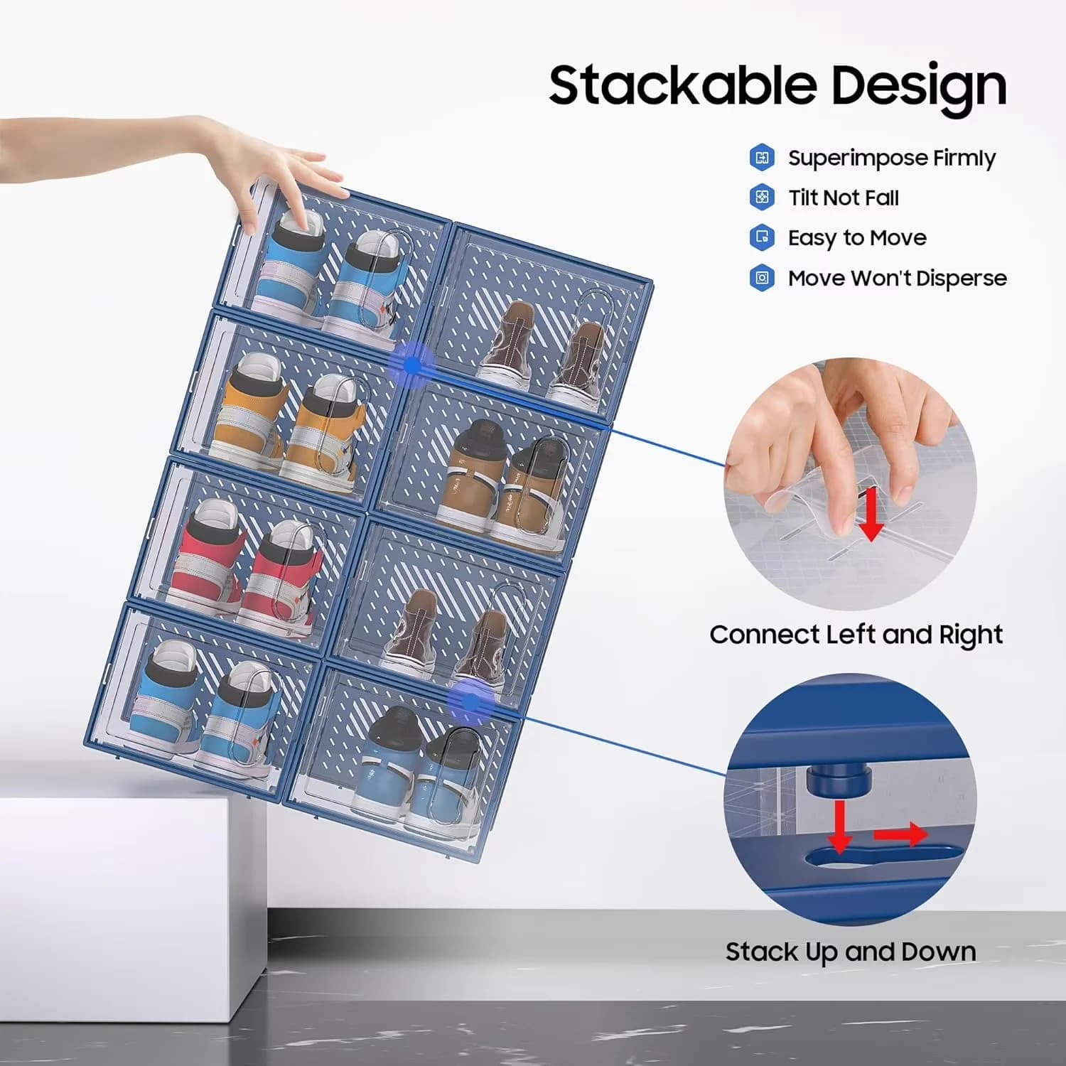 Stylish Garage Storage Supply with Stackable, Large Shoe Organizer Box, Magnetic Door - Blue Plastic Model 97A599