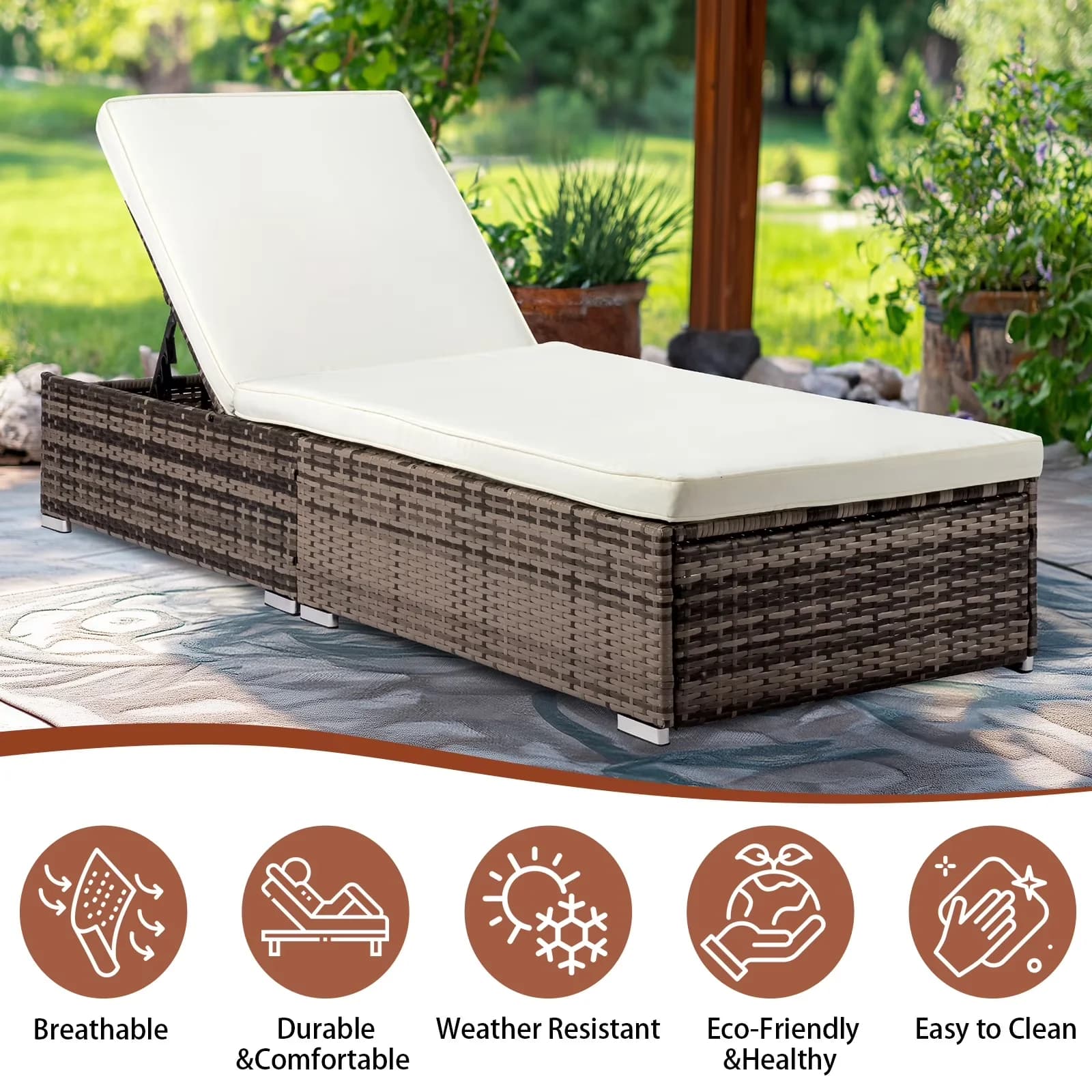 Professional Patio Chair with Adjustable, Outdoor Wicker Chaise - Beige Plastic for Indoor, Outdoor Model 5D5F9D