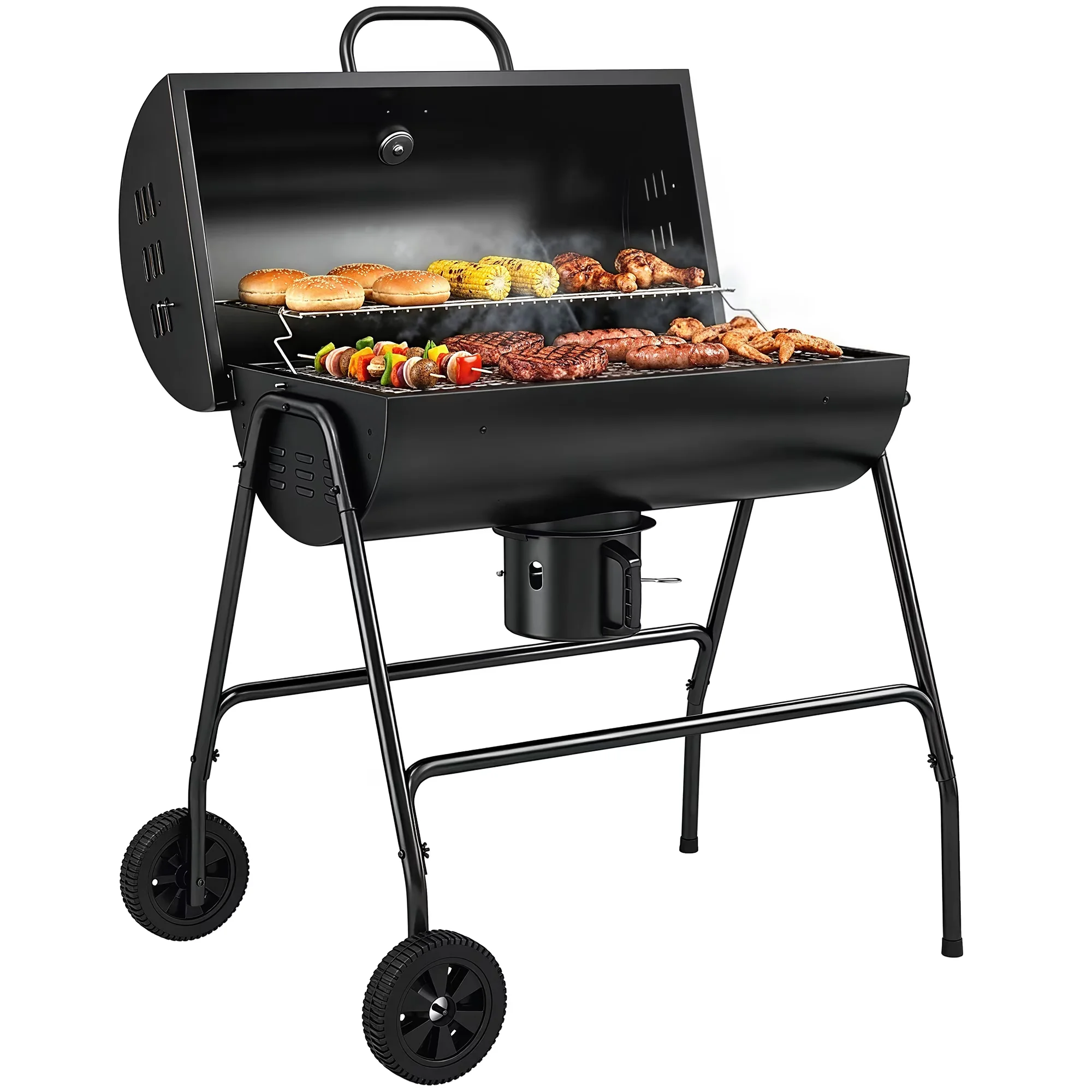 Reliable Charcoal Grill with Thermometer, Warming Rack, Barrel BBQ - Black Steel Model 95EB2B