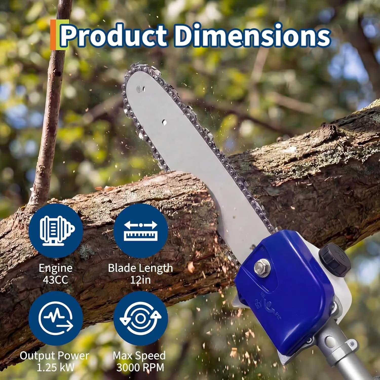 Pole Saw Modern with Anti-Vibration, 9.5ft Extendable, 2-Stroke 12" Bar - 43Cc Blue Model 223D93