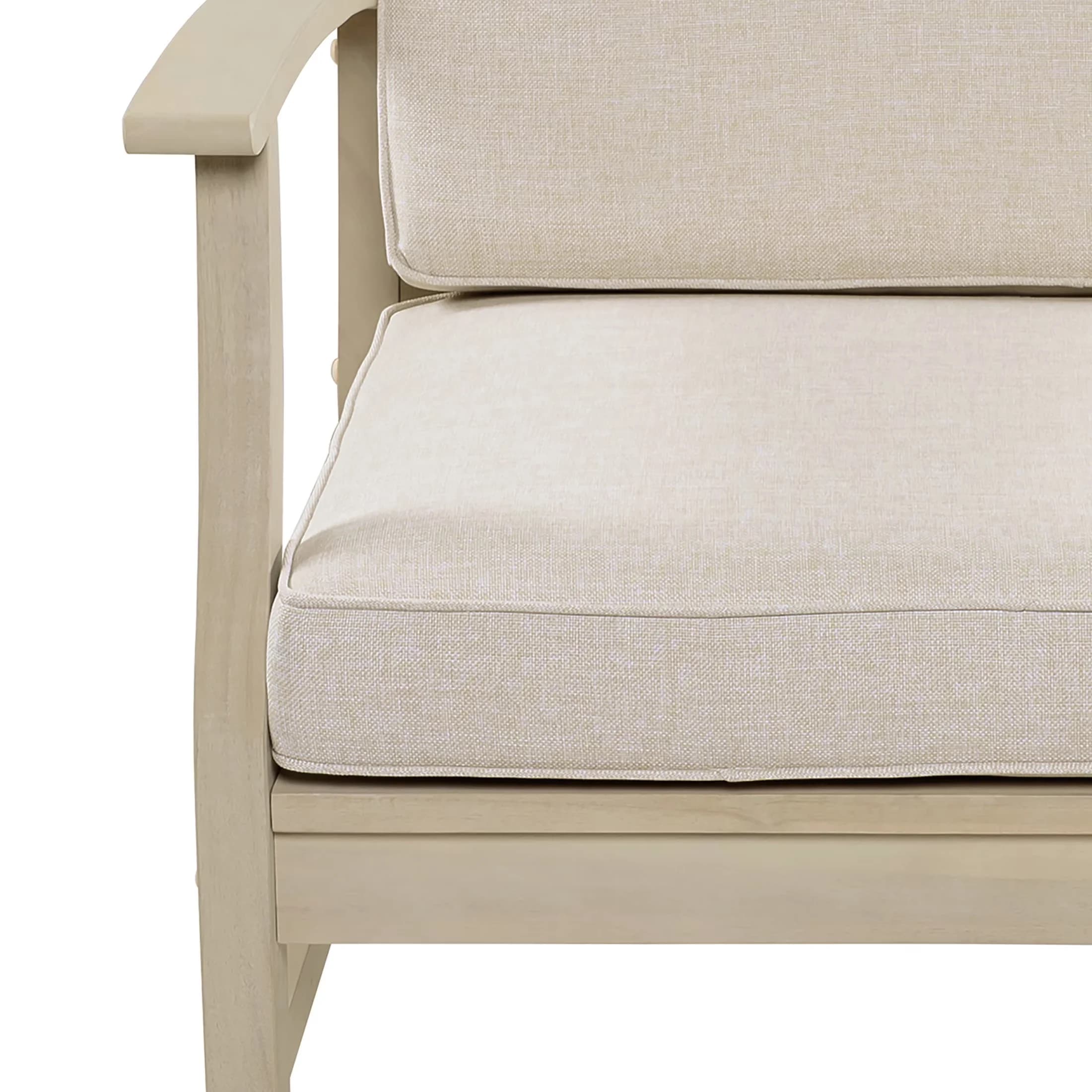 Sleek Patio Conversation Set with 4-Seater Outdoor Wood, Light White Finish, Table - Acacia Wood + Water Repellent Cushion White Model CB3AE0