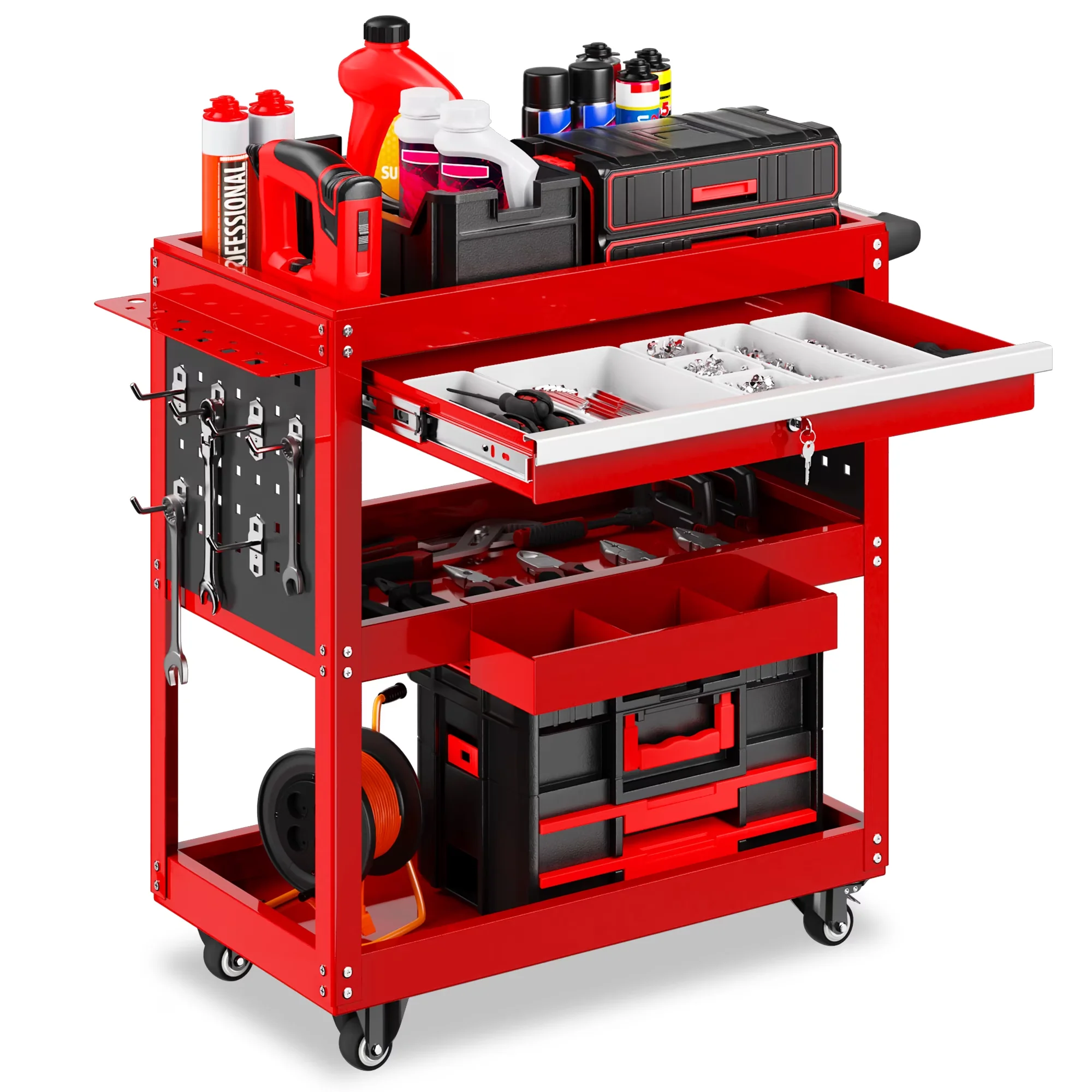 Durable Toolstorage with Rolling, Industrial, 330 lbs Capacity - Red Alloy Steel, Plastic for Garage Model BF6F13