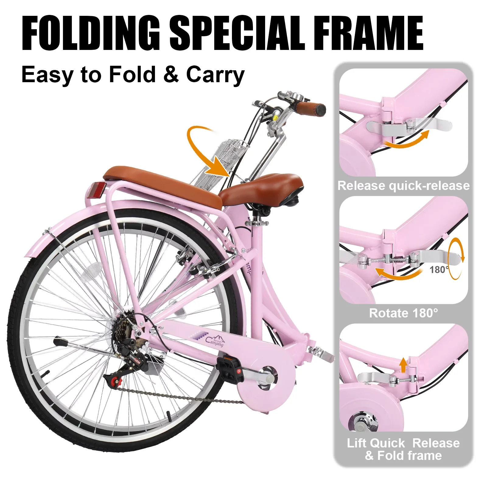 Versatile Cruiser Bike with Compact, Adjustable Speed, 26 Inch Folding Beach - Pink Model 97A7CD
