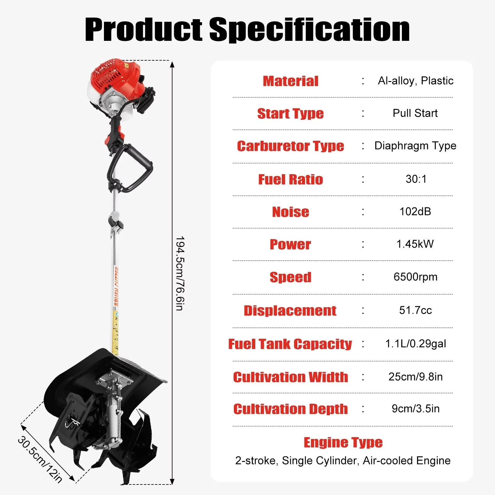 Premium Trillers Cultivator with Gas Tiller, Aluminum Alloy Manual Start Soil Weeder - Model 548055