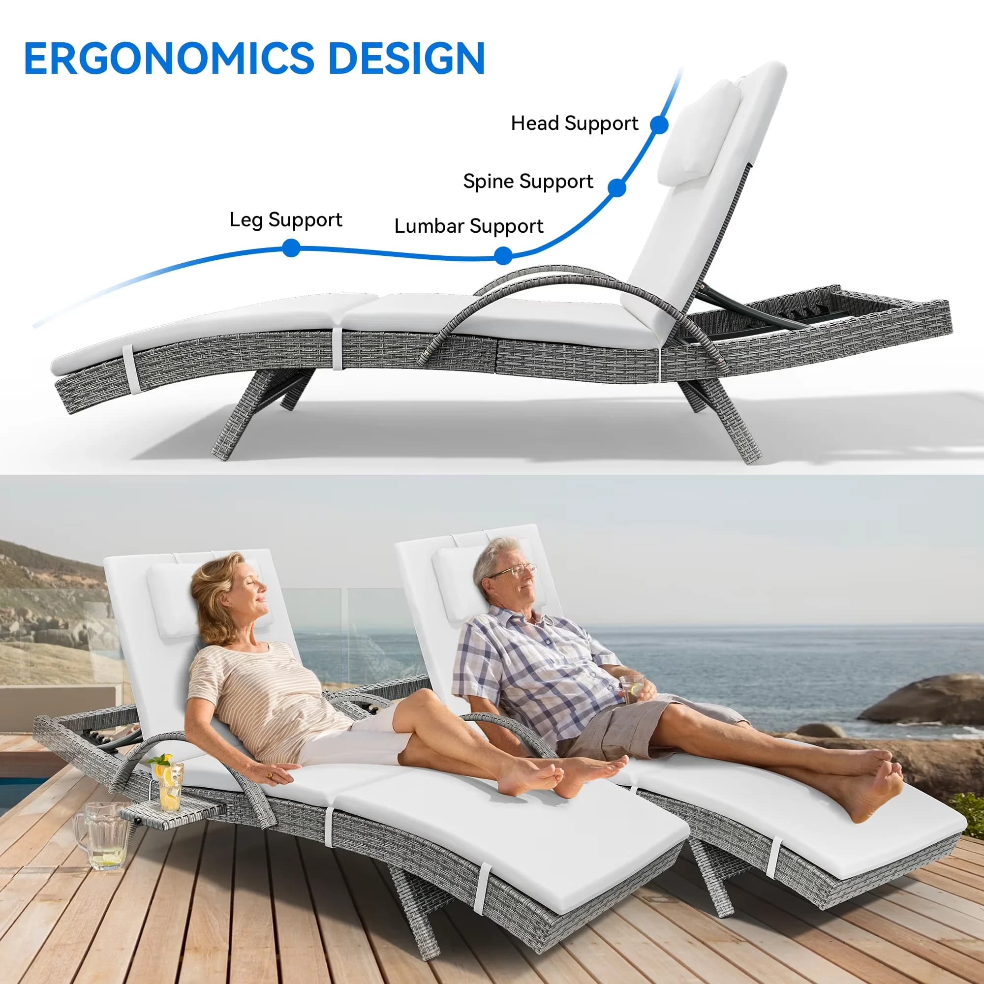 Essential Patio Chair with 5-Position Backrest, and Armrests (Beige), Outdoor Wicker Chaise Lounge - Beige Metal, Pe Rattan Model F50977