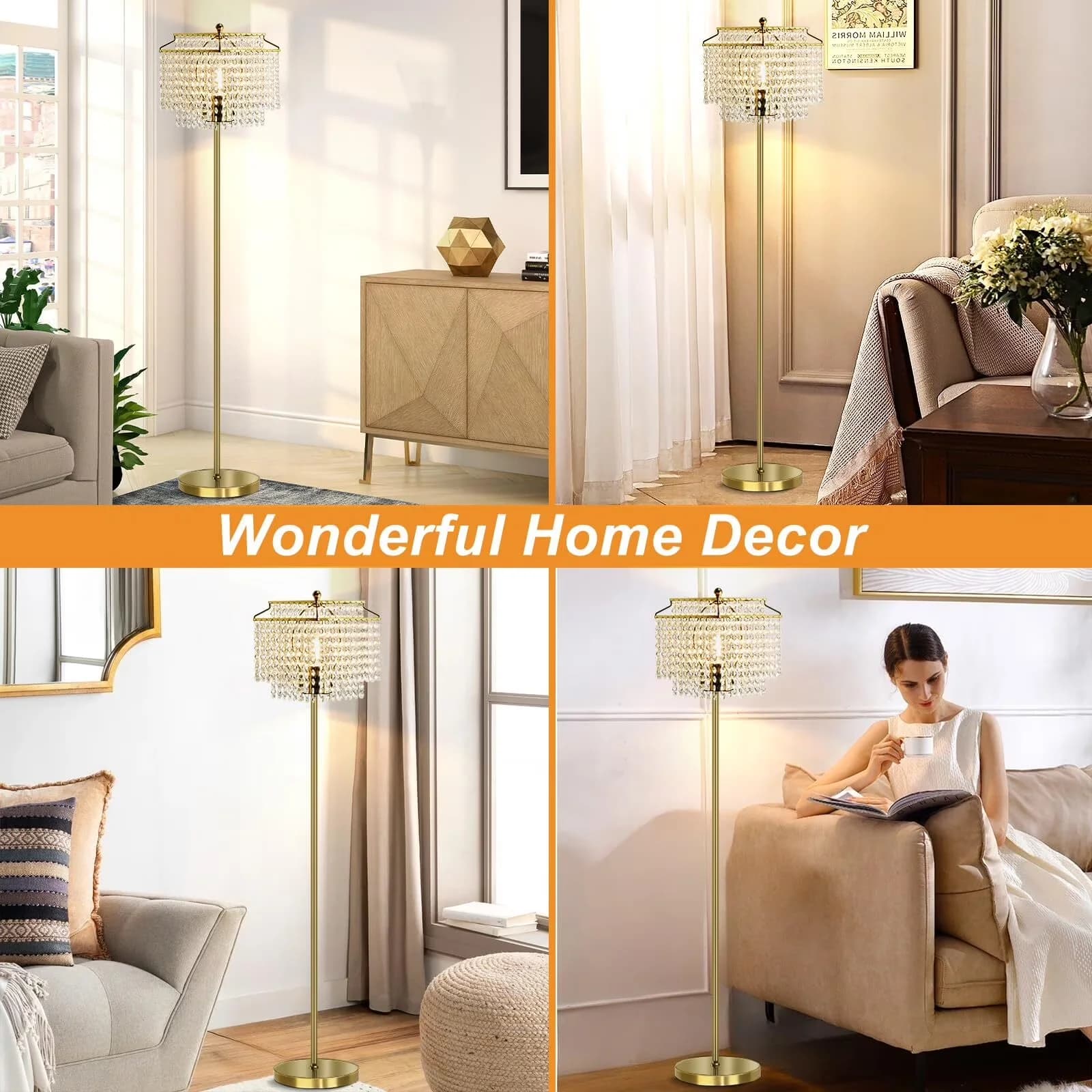 Compact Floor Lamp with LED, 8W - Metal, Crystal Gold for Living Room, Bedroom Model 8C0248