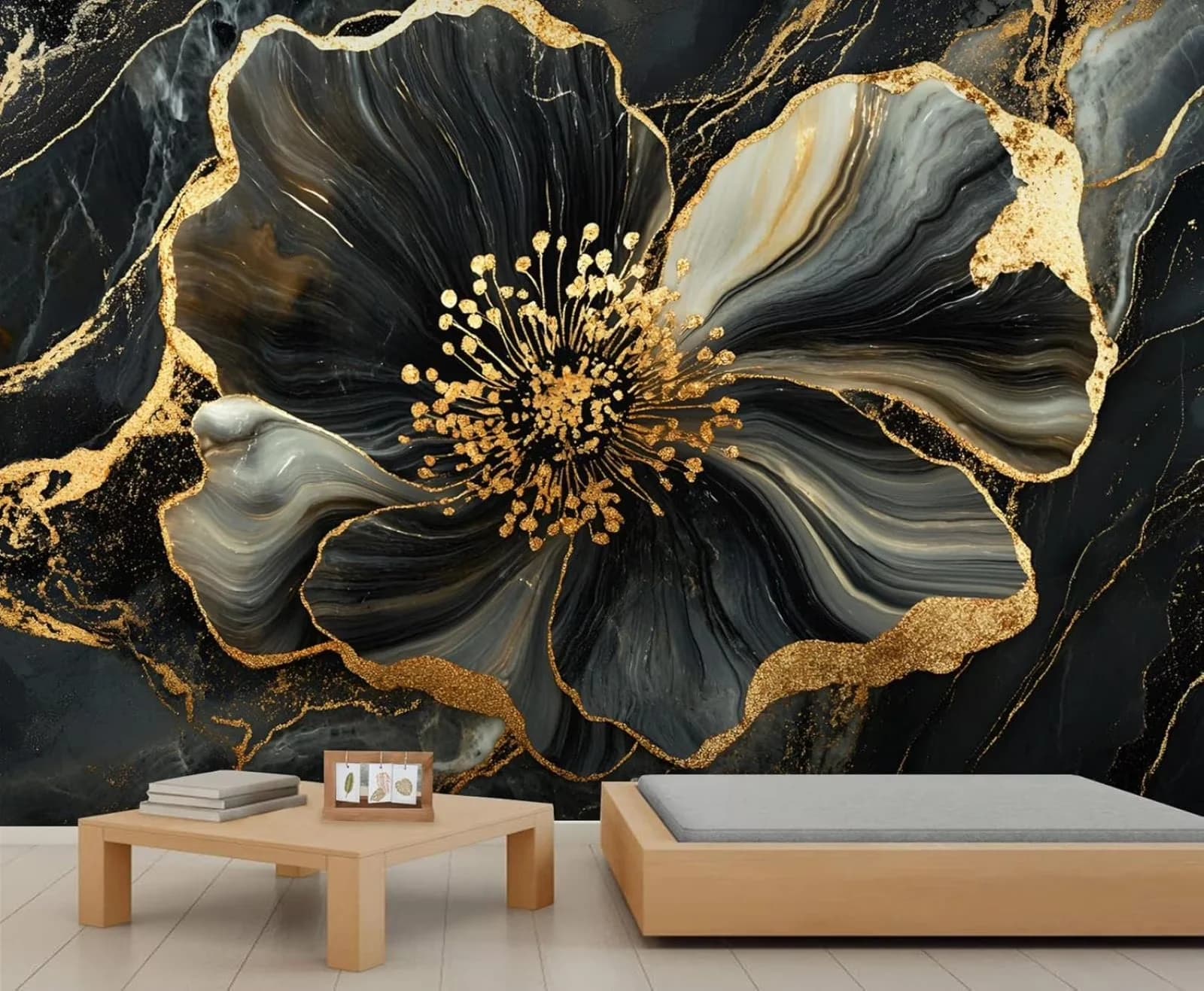 Quality Wallpaper Wall Decals Wall Covering with Durable, Black Gold Flowers Mural - High-Quality Canvas 59"W x 39.4"H for Dining... Model B798CD
