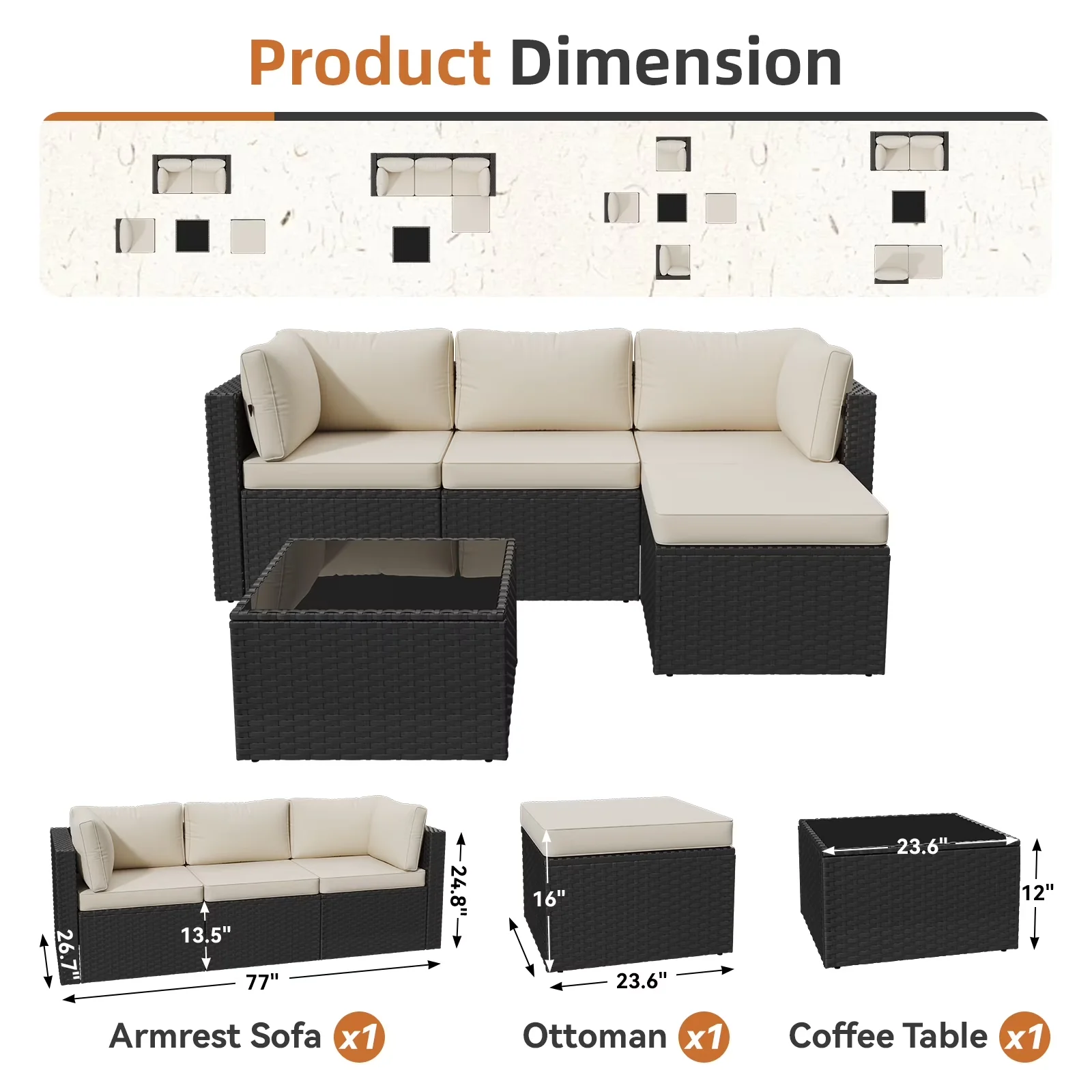 Innovative Outdoor Sofas Sectional with Waterproof, Modern, Weather-Resistant - White Glass + Polyester + Sponge + Metal + Rattan Model 3953C6