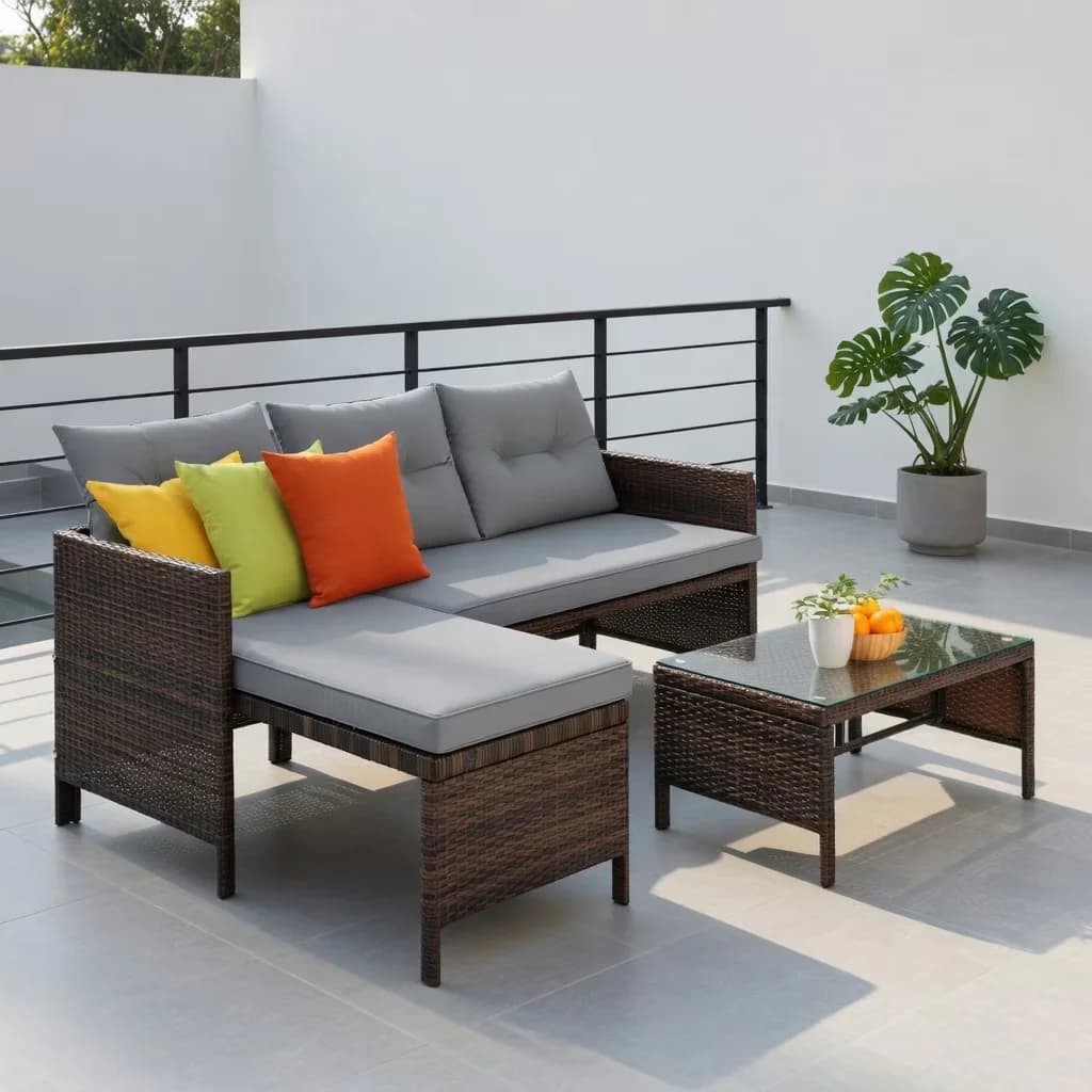 Reliable Outdoor Sofas Sectional with Wicker Patio Couch, Balcony Furniture, Gray - Gray Polyester Fabric, Sponge, Steel, Wicker Model 9A8ADD