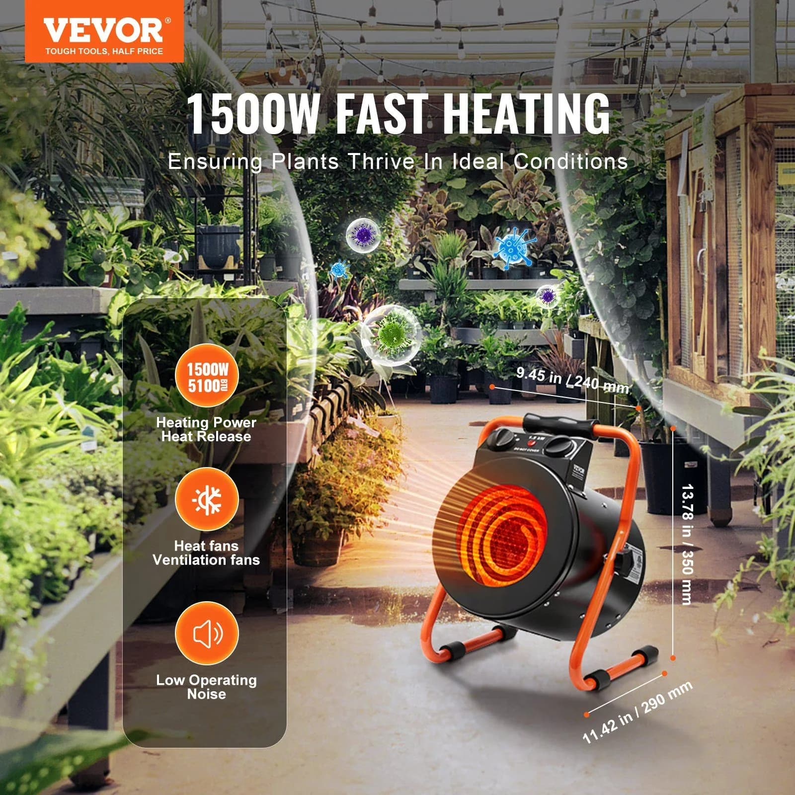 Modern Portable And Electric Space Heater with 1500W, Adjustable, Greenhouse - Black+Orange Model 47E633