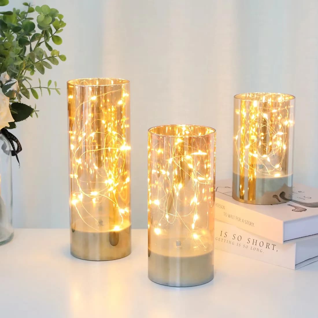 Modern Lamp Set with LED, Battery, French Country - Glass Gold - Sleek Profile Model A59B81