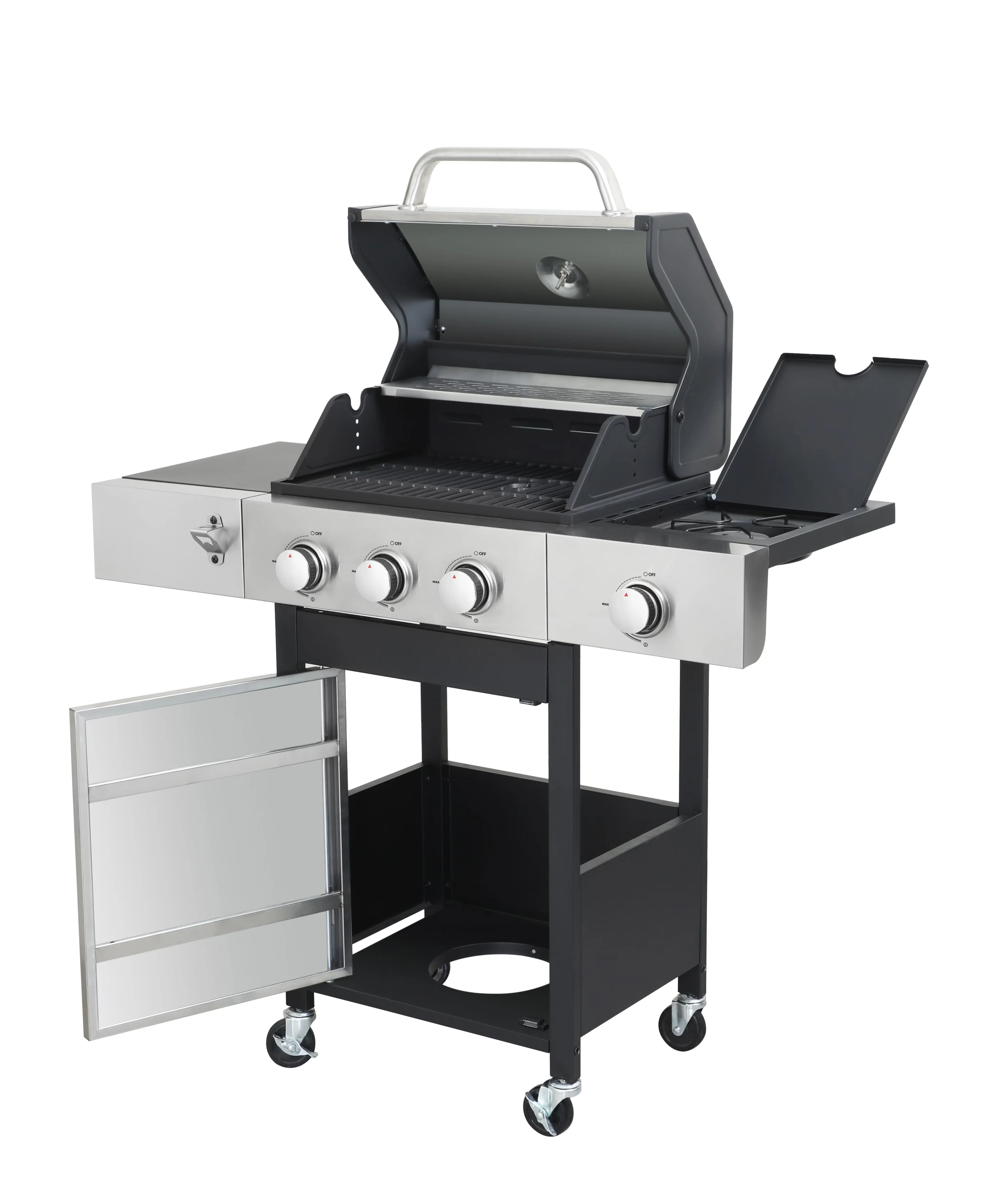 Sleek Gas Grill with 37230 BTU, Heat Thermometer - Silver Iron,Stainless Steel for Patio, Garden Model 1340C7