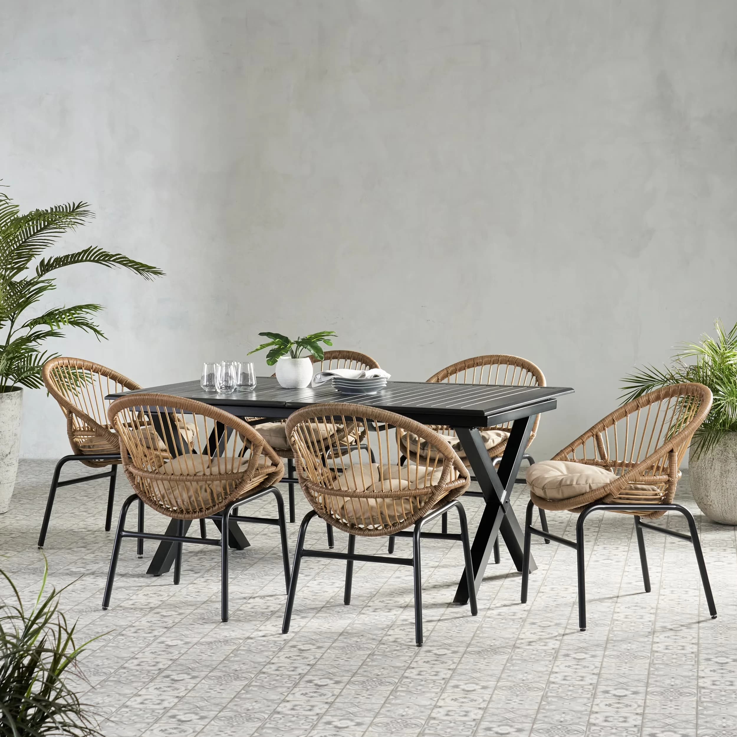 Classic Patio Dining Set with Cushion Material: Water Resistant Fabric, Cushion - Black Wicker/Rattan/Metal/Fabric Model 5CE0C1