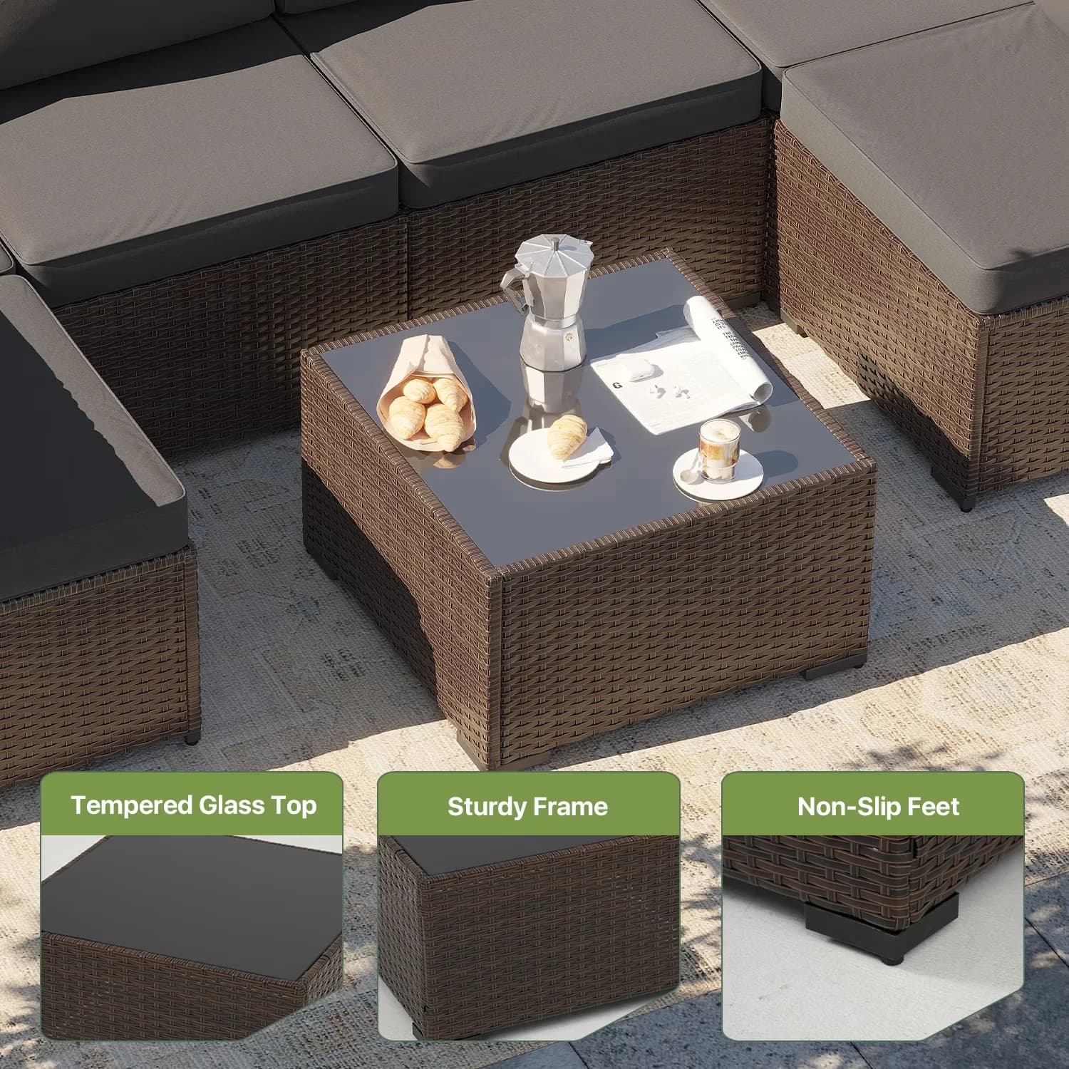 Quality Patio Conversation Set with Weatherproof, Brown Wicker Sectional Sofa - Rattan, Galvanized Steel, Polyester Fabric Brown... Model 6F5358