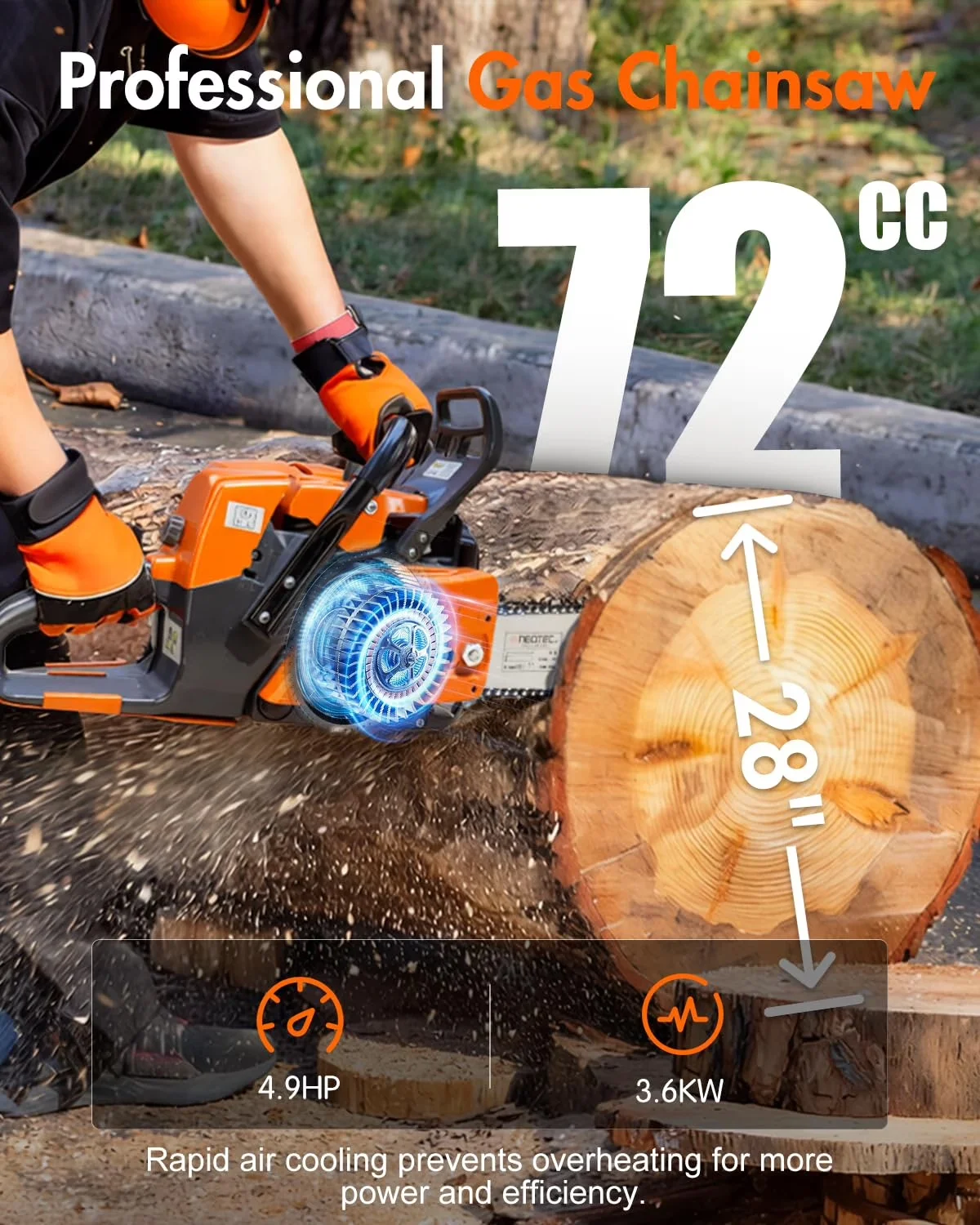 Chainsaw Essential with Anti-Vibration, Handheld Petrol, 72cc Gas - 20 inch Model BF76CA