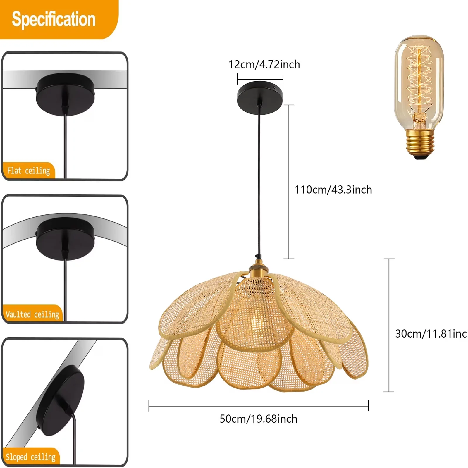 Ceiling Lights Fixture Stylish with Incandescent, Adjustable Height - Iron, Ratten Model AAFE54
