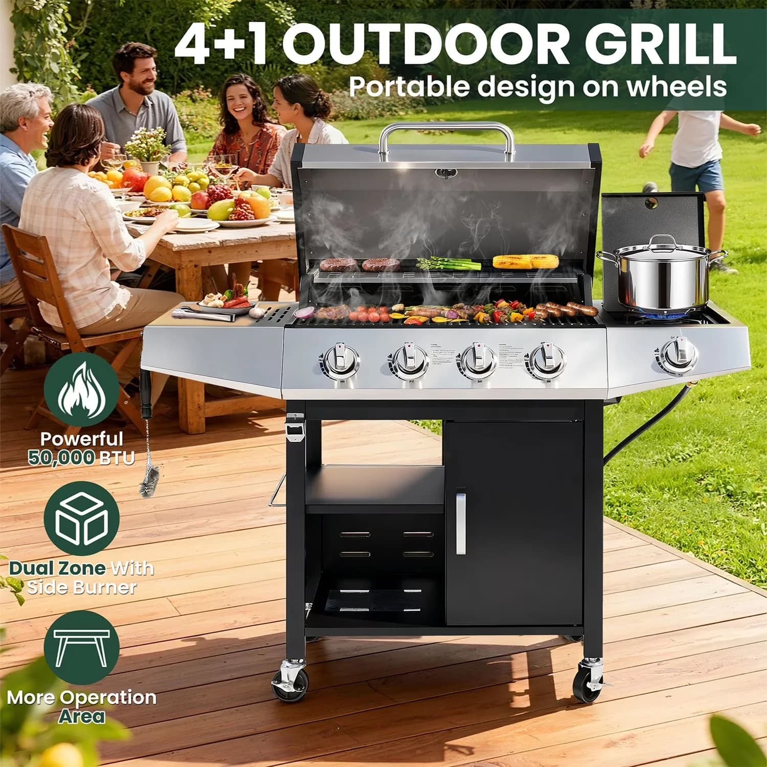 Gas Grill Innovative with 50000 BTU, Heat Thermometer, Tool Holder - Stainless Steel Model 483A37