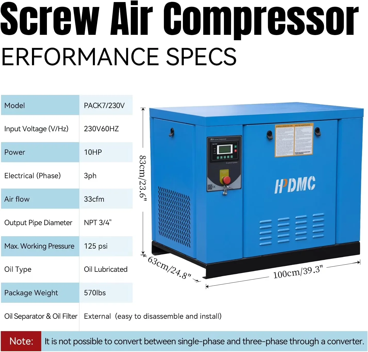 Quality Air Tools Compressor with 230V, Heavy-Duty, 10HP Rotary Screw PACK7 - Blue Model D794D2