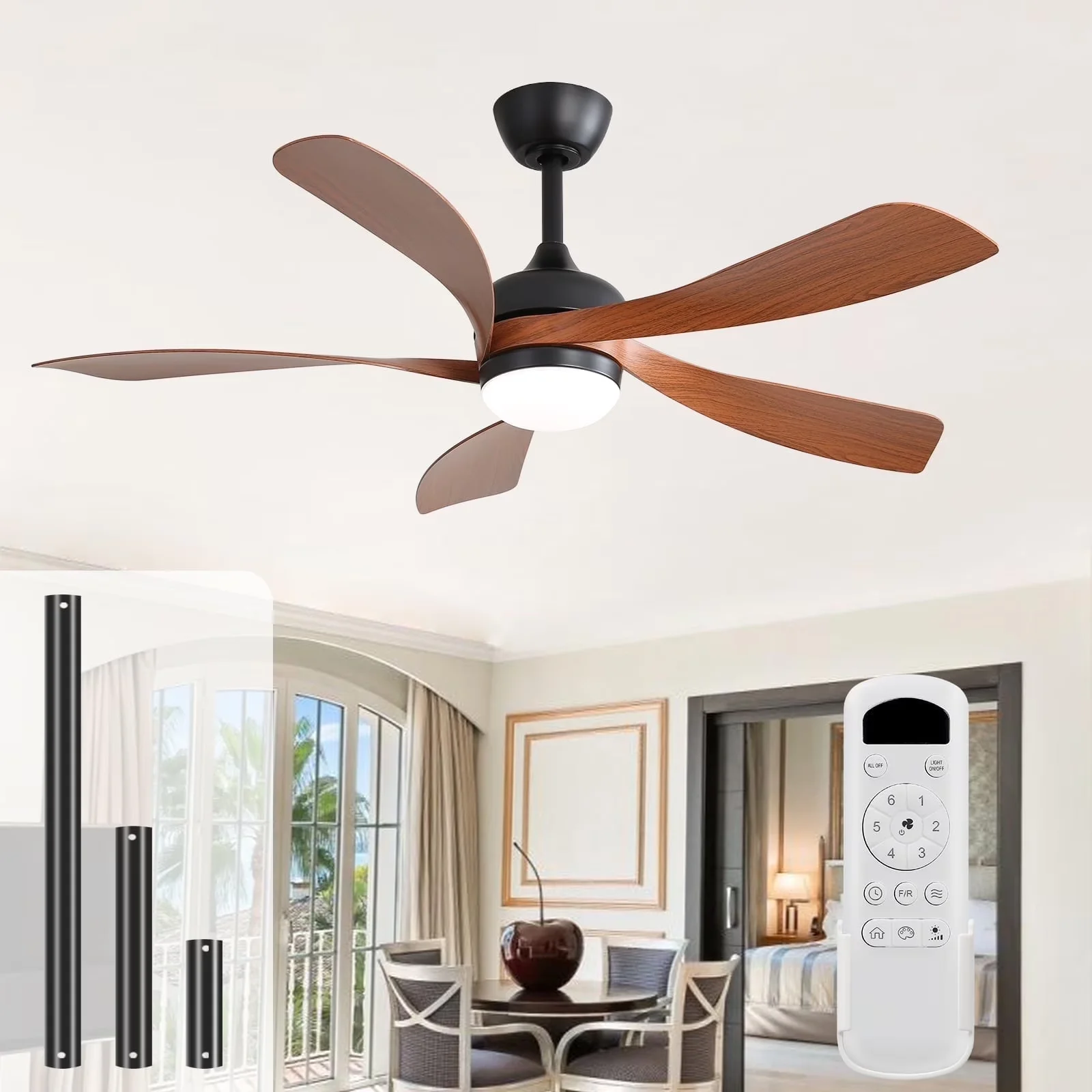 Classic Ceiling Fan with LED, Farmhouse, 52 Inch Black - Black Wood - Low Maintenance Model 67D65A