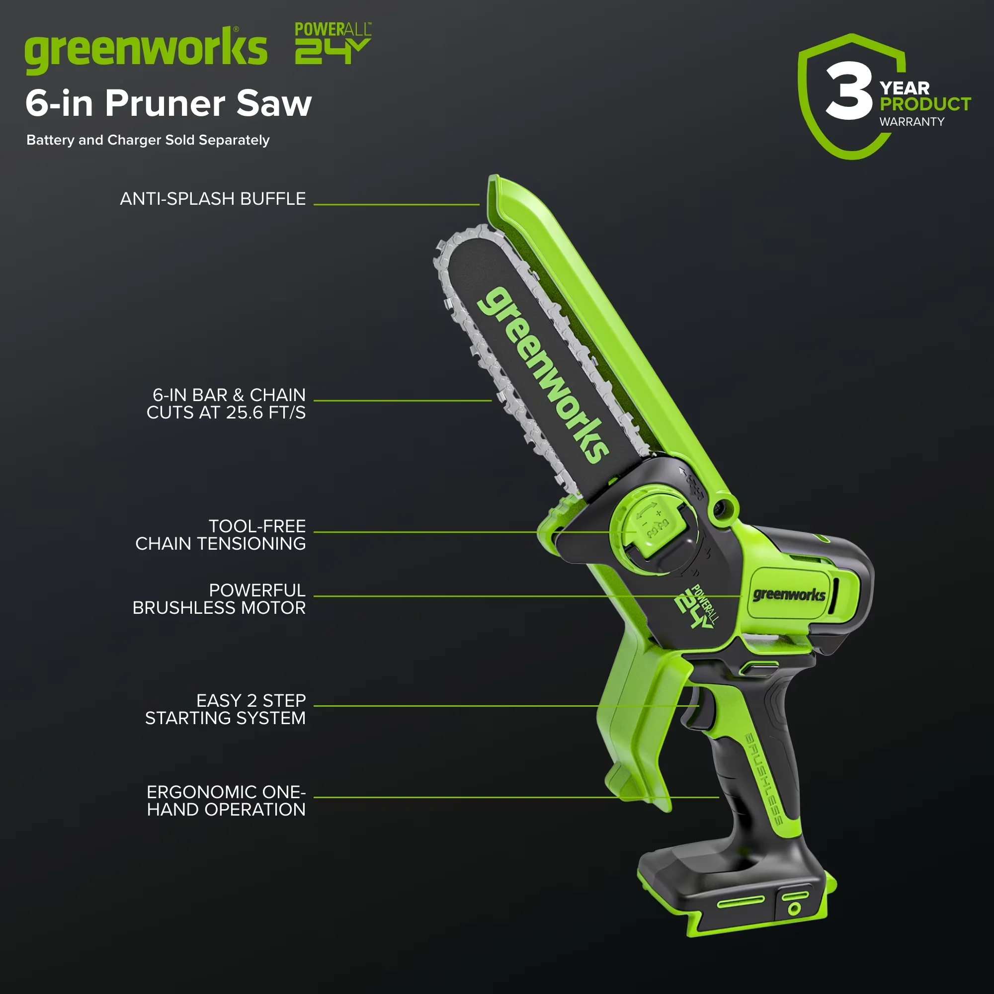 Versatile Pole Saw with Battery, 24V, 24V 6” Brushless Pruner Tool Only - Green Model FAB7A5